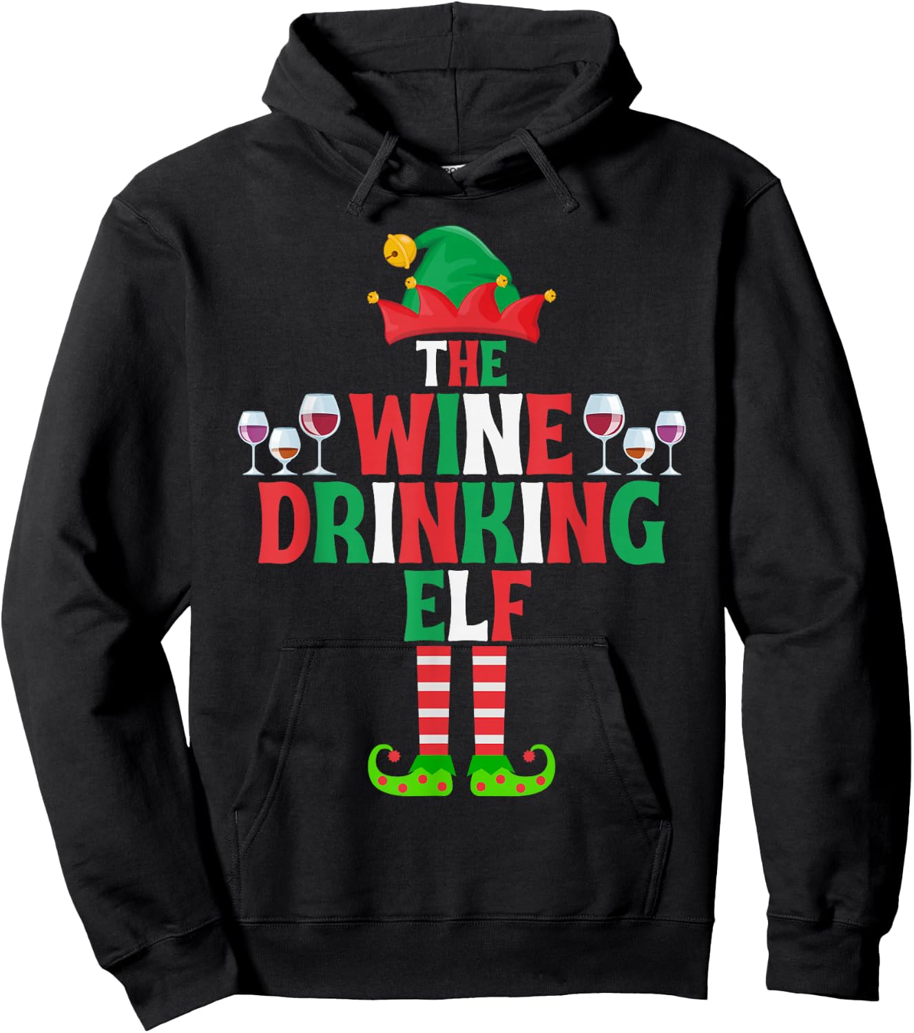 The Wine Drinking Elf, Funny Matching Family Group Christmas Hoodie - Hoodie | Black