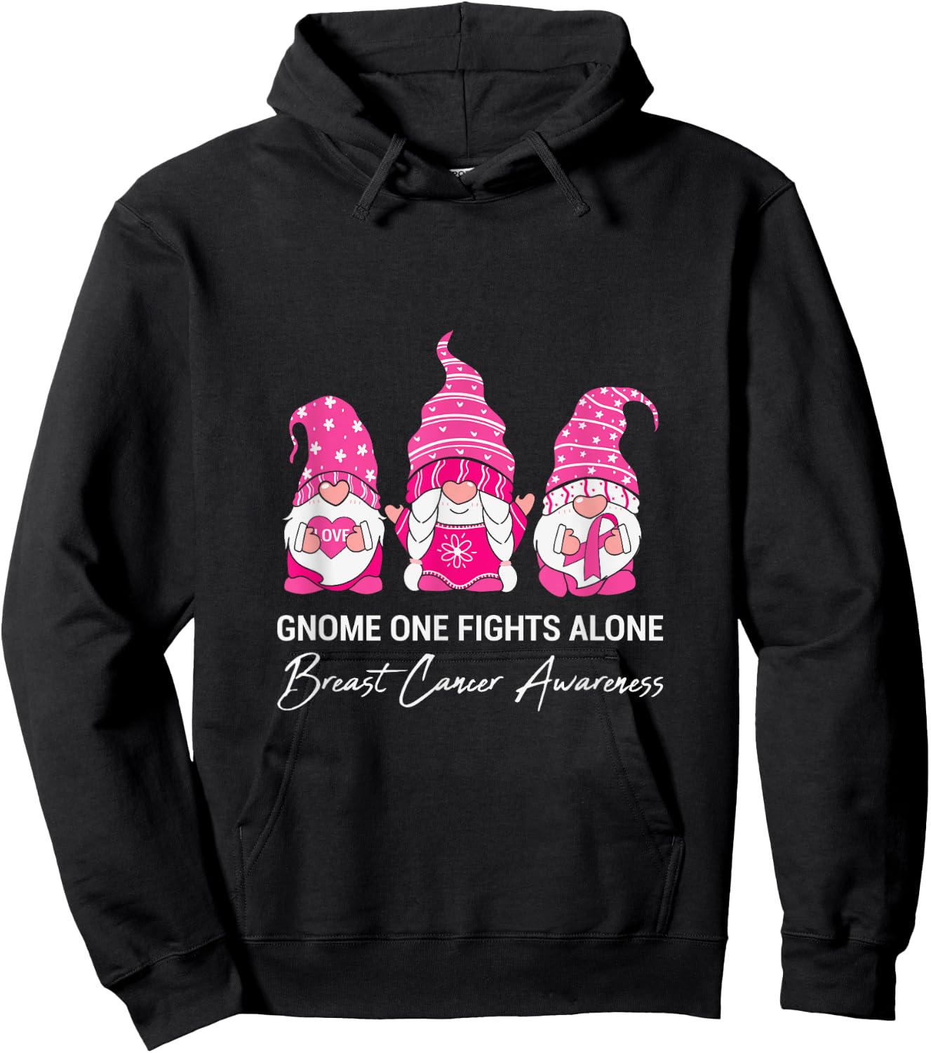 Gnome one Fights Alone Breast Cancer Awareness Hoodie - Hoodie | Black