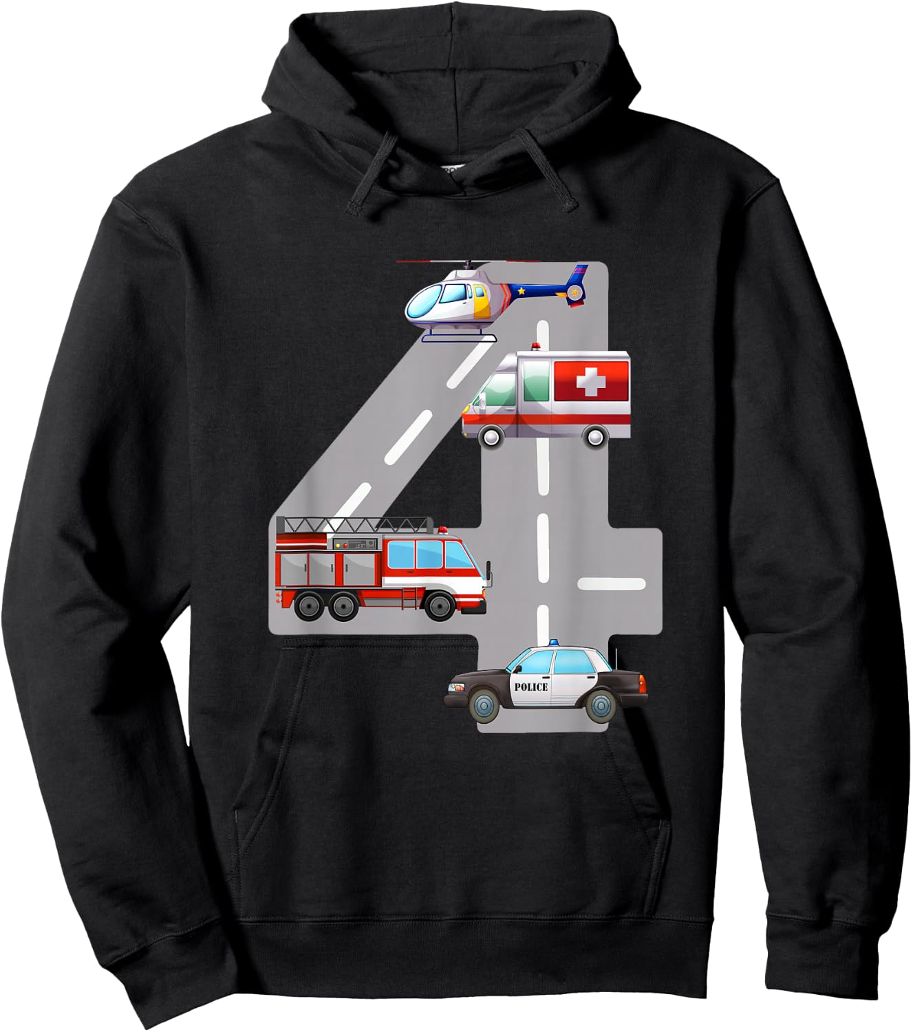 Emergency Vehicles 4th Birthday Fire Truck Police Car Boys Hoodie - Hoodie | Black