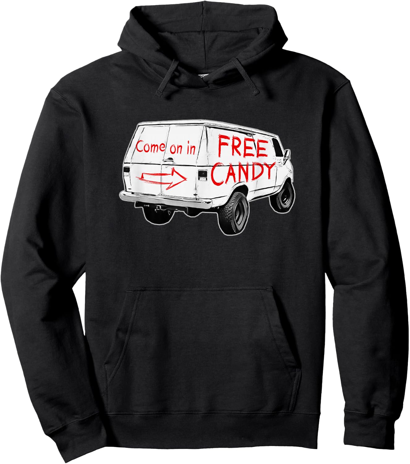 Redds Threads -Adults - Free Candy - Come On In - Creepy Van - Black - Small - Short Sleeve - Modern - Humorous Design Hoodie - Hoodie | Black
