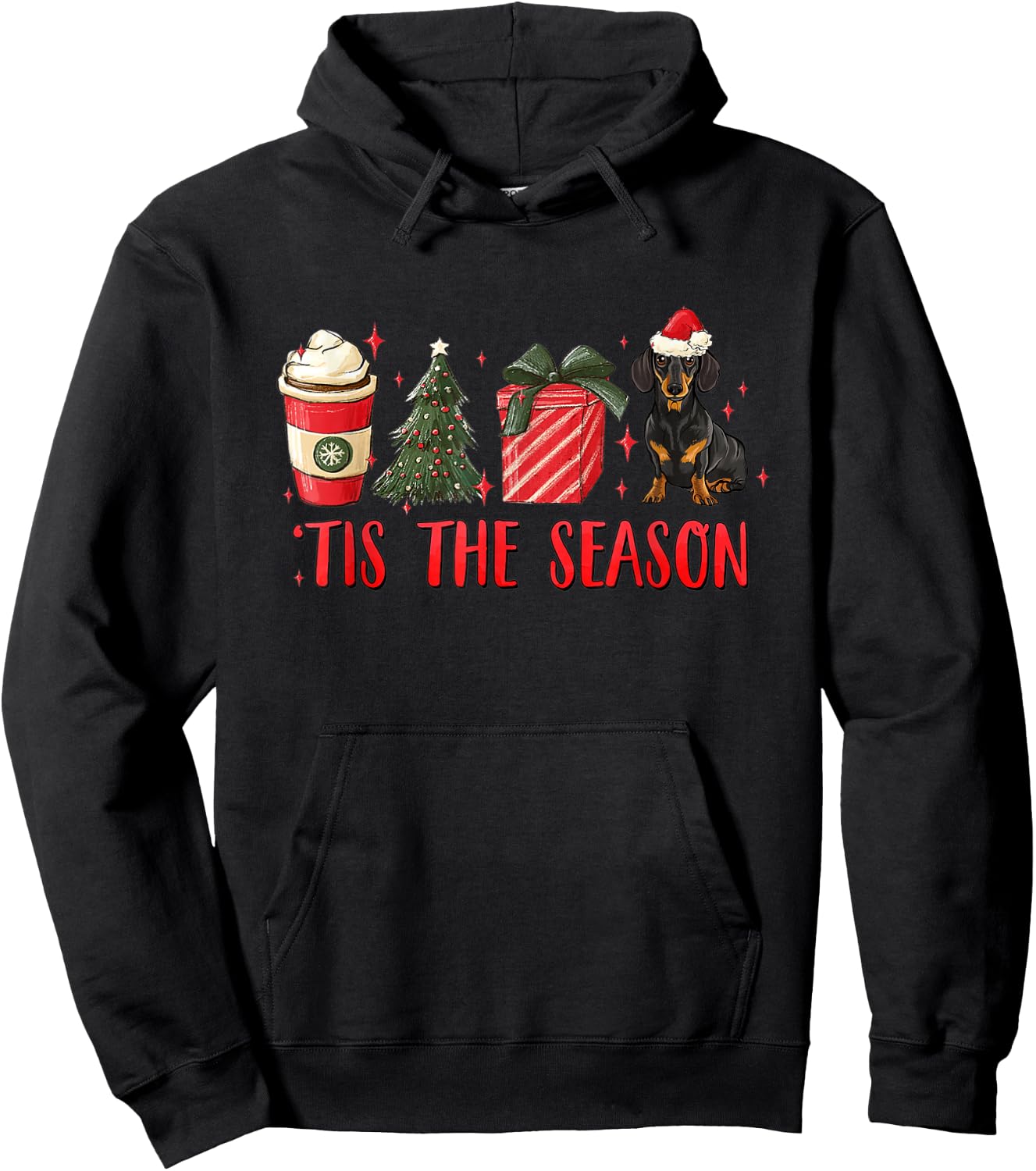 Tis The Season Christmas Tree Coffee Dachshund Santa Hat Hoodie - Hoodie | Black
