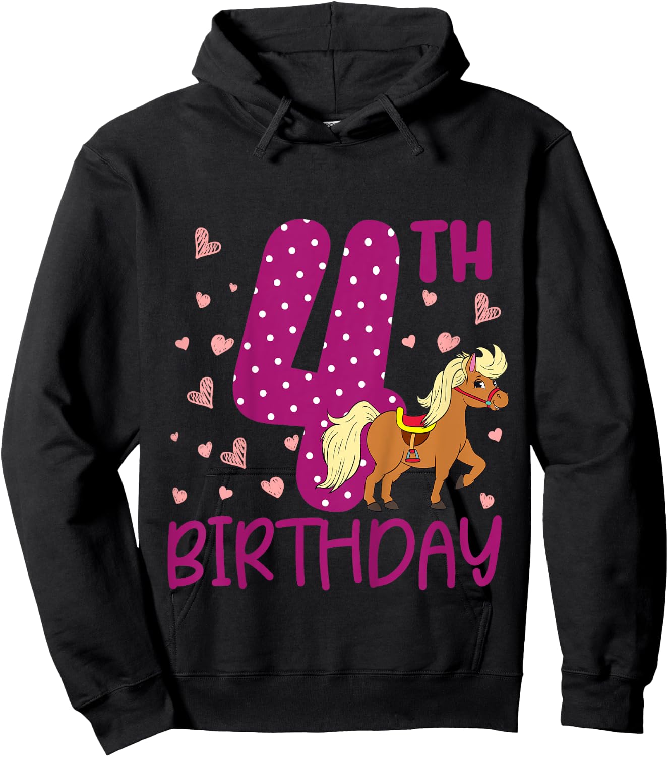 Kids 4 Years Old Girls Pony 4th Birthday Hoodie - Hoodie | Black