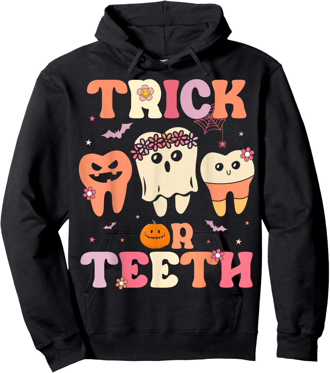Trick Or Teeth Ghost Groovy Dental Halloween Treat Dentist Hoodie - Hoodie | Black