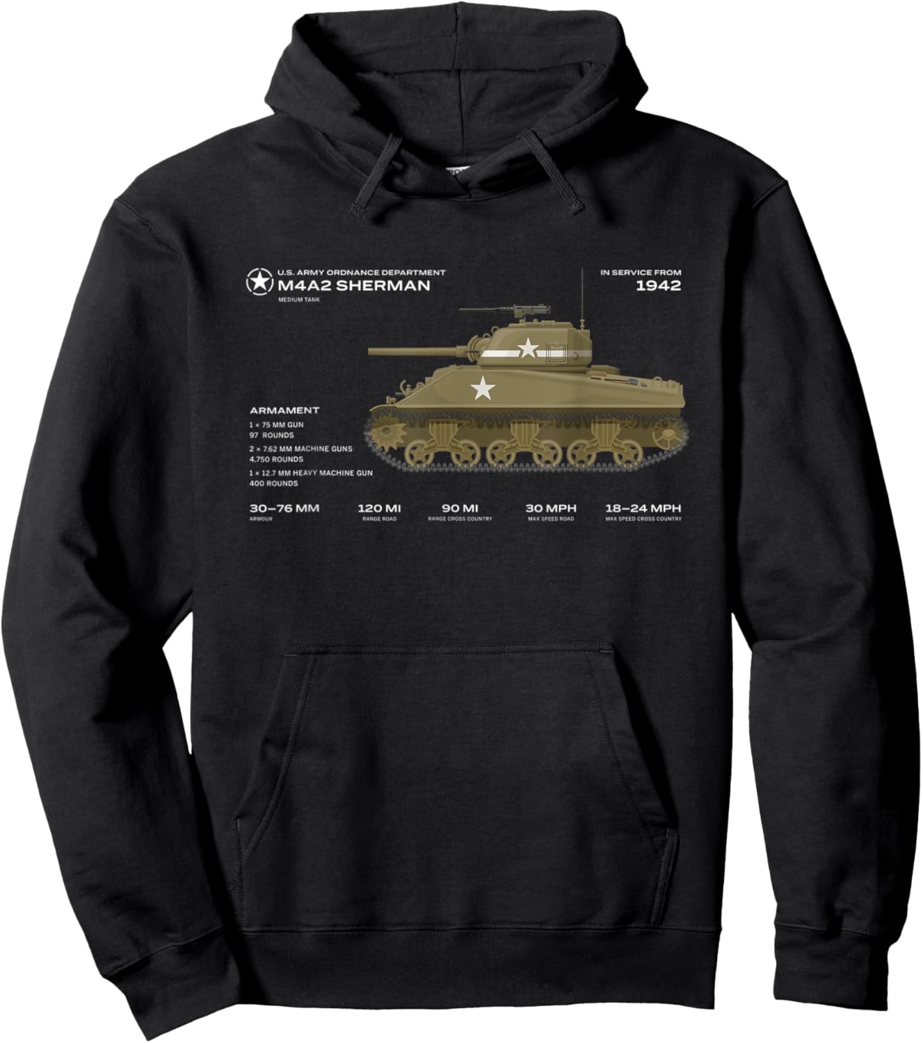Sherman M4A2 Medium Tank US Army WWII World War Historic Hoodie - Hoodie | Black