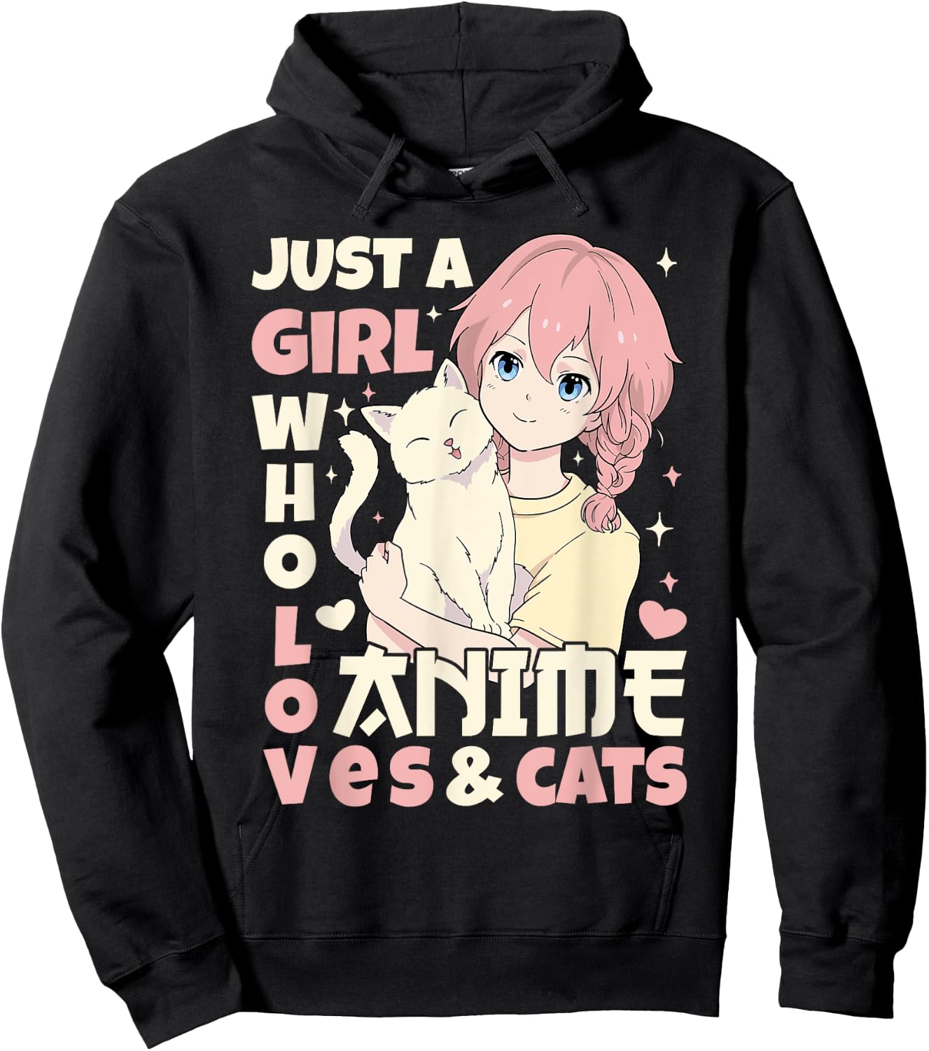 Just A Girl Who Loves Anime & Cats Teen Anime Girl Cat Lover Hoodie - Hoodie | Black