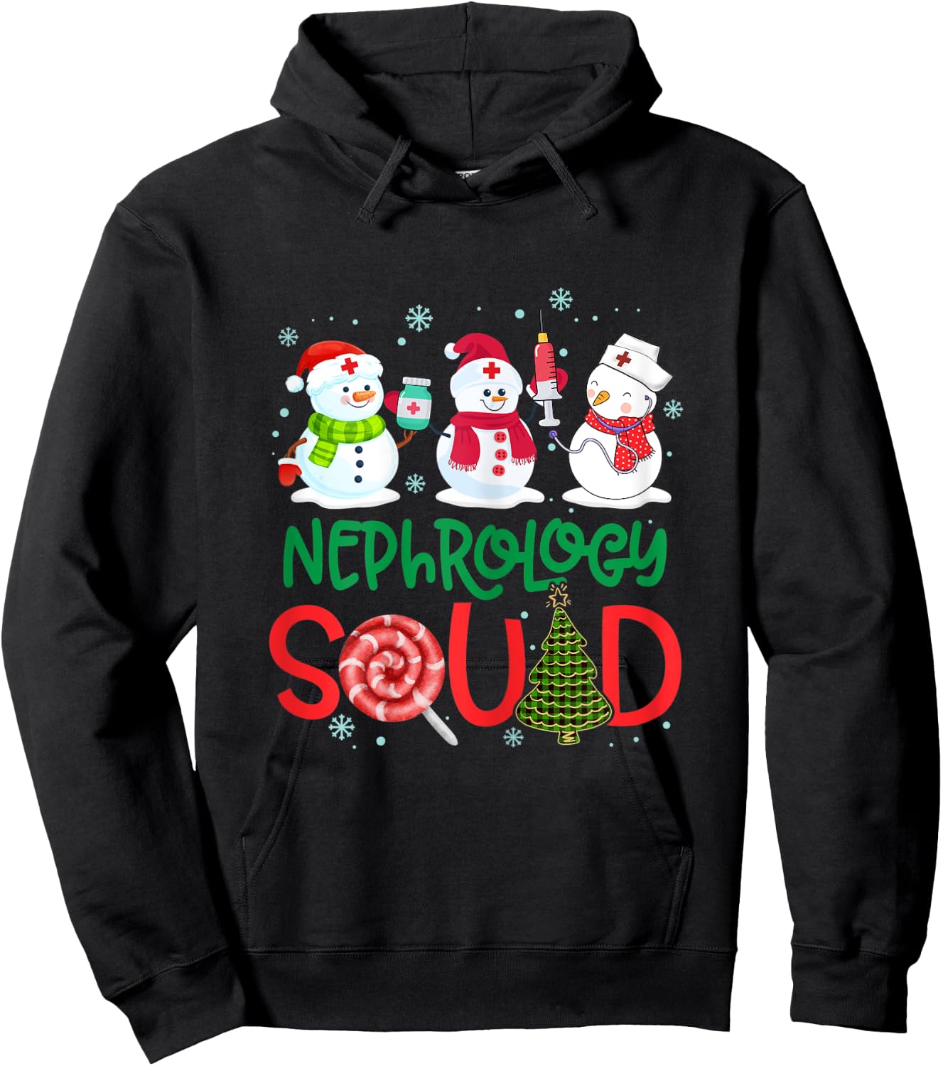 Nephrology Squad Snowmies Nurse Stethoscope Christmas Pine Hoodie - Hoodie | Black