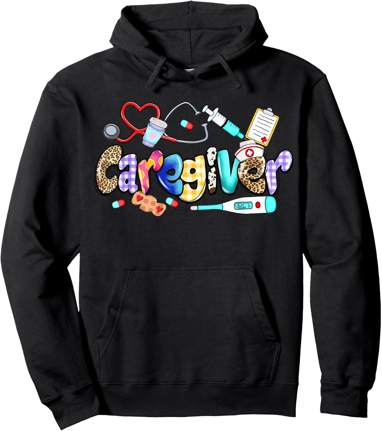 Caregiver Stethoscope Leopard Funny Caregiver Life Gifts Hoodie - Hoodie | Black