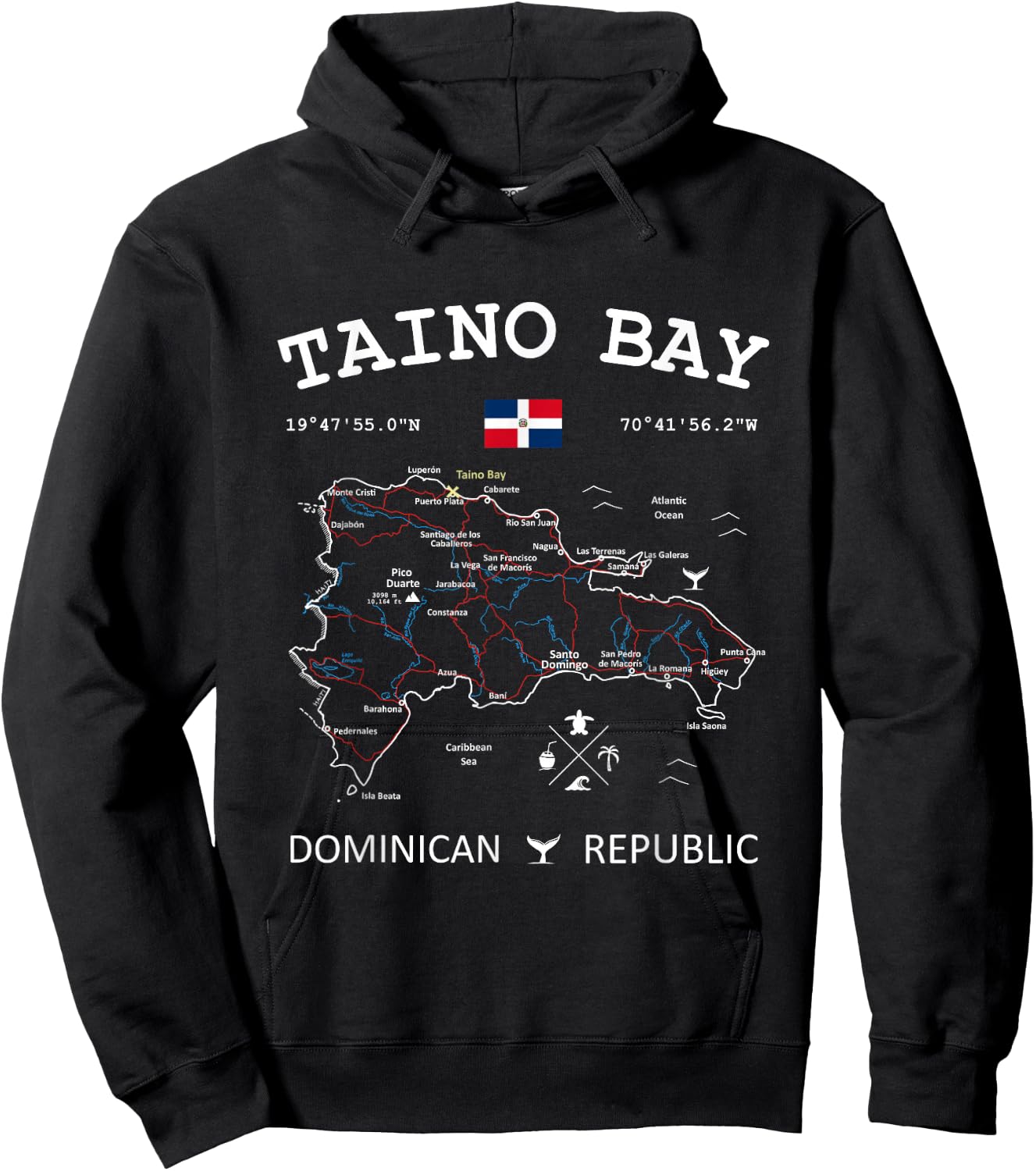 Taino Bay Dominican Republic Flag Travel Map Coordinates Hoodie - Hoodie | Black