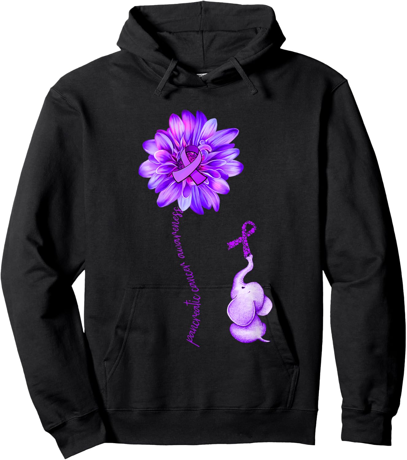 Elephant Sunflower Purple Ribbon Pancreatic Cancer Awareness Hoodie - Hoodie | Black