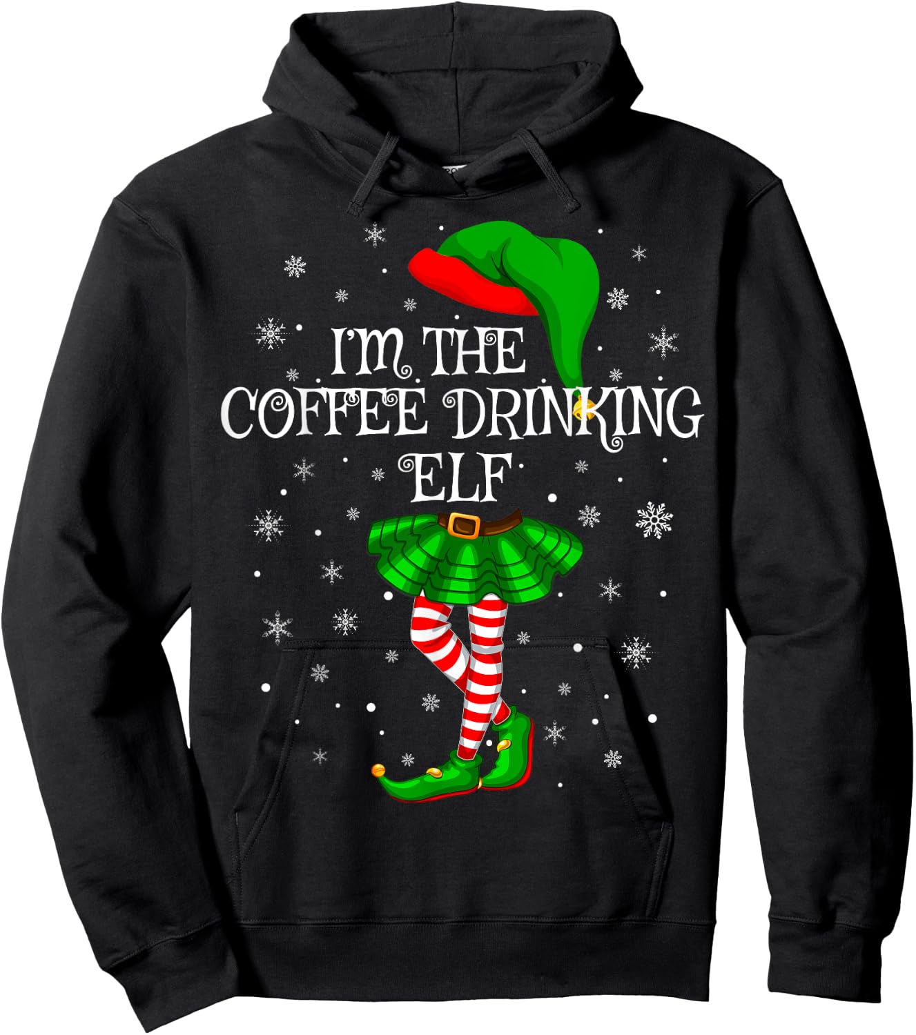 Family Matching Women Girls Coffee Drinking Elf Christmas Hoodie - Hoodie | Black