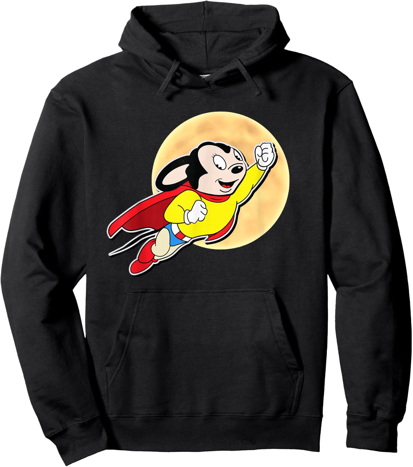 Superhero Cartoon Mouse for Mighty Humans Flies Past Moon Hoodie - Hoodie | Black