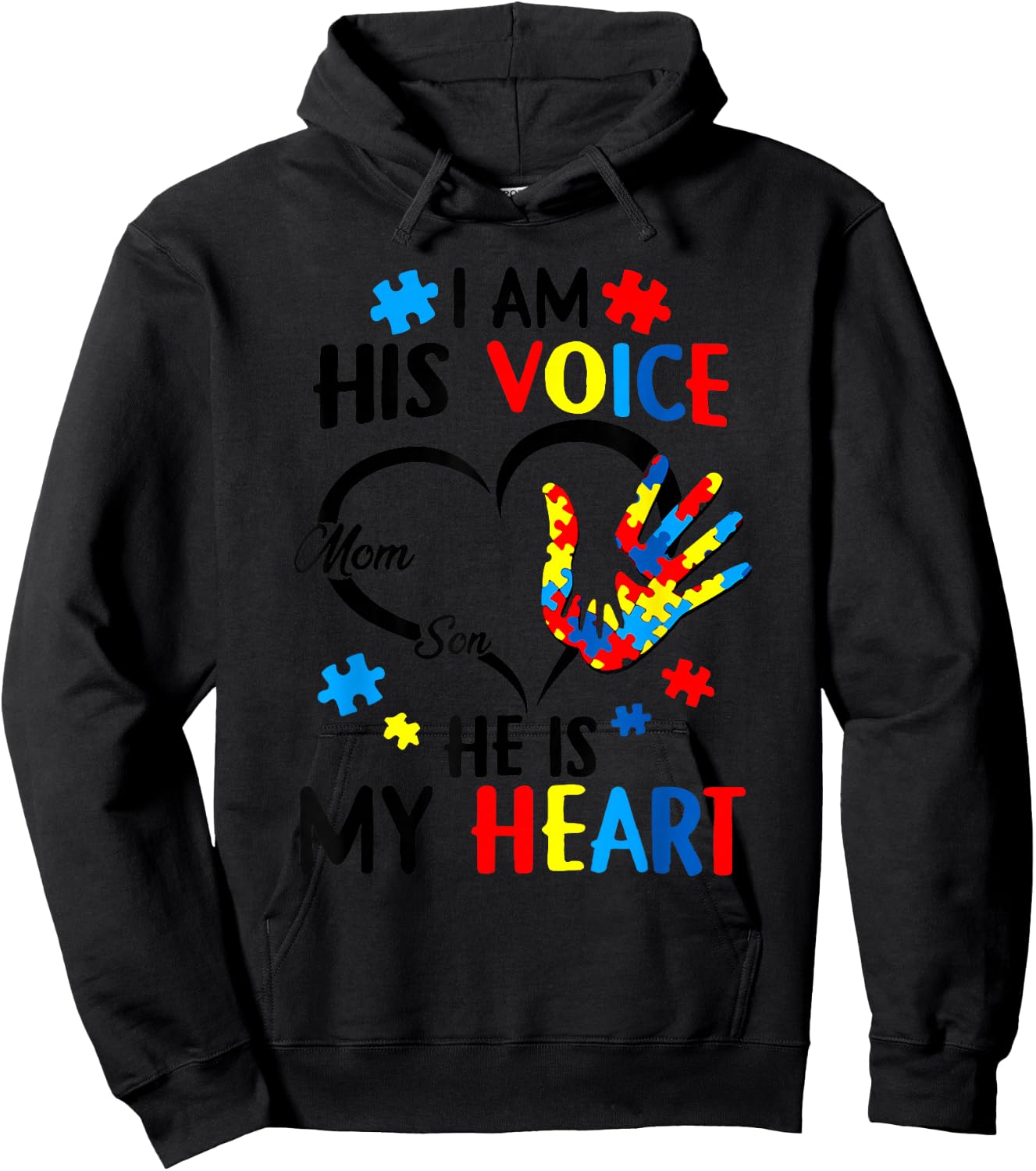 I Am His Voice He Is My Heart Autism Awareness Mom Son Hoodie - Hoodie | Black