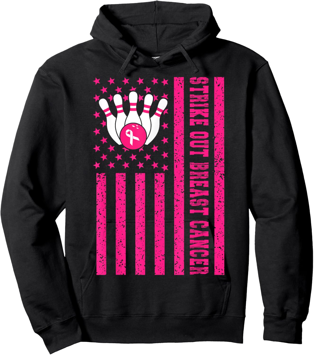 Strike Out Bowling Ribbon USA Flag Breast Cancer Awareness Hoodie - Hoodie | Black