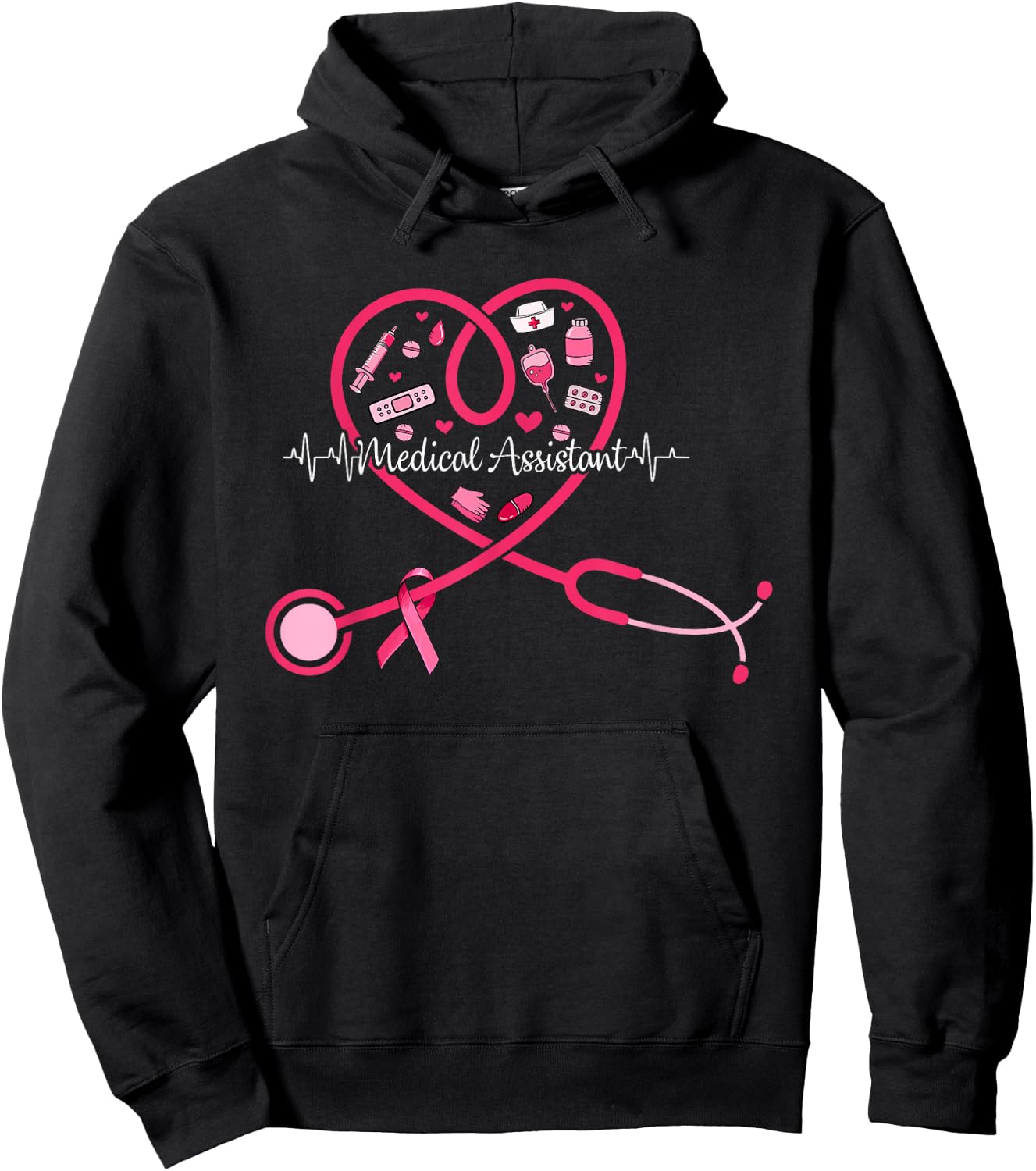 Medical Assistant Pink Stethoscope Heart Pink Breast Cancer Hoodie - Hoodie | Black