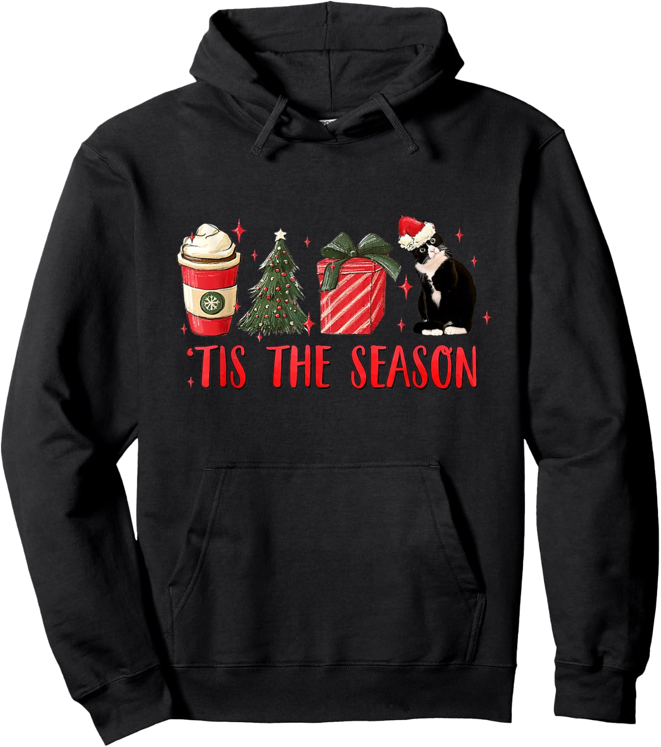 Tis The Season Christmas Tree Coffee Tuxedo Cat Santa Hat Women Kids Hoodie - Hoodie | Black