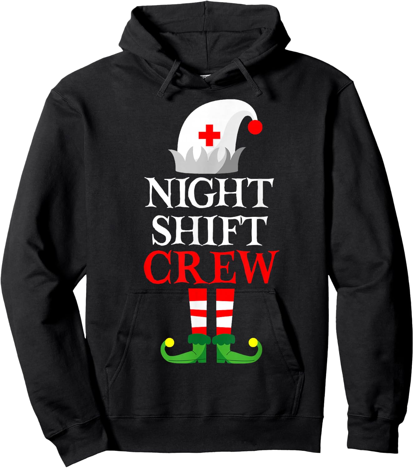 Elf Nursing Shirt Women, Christmas Nurse Night Shift Crew Hoodie - Hoodie | Black