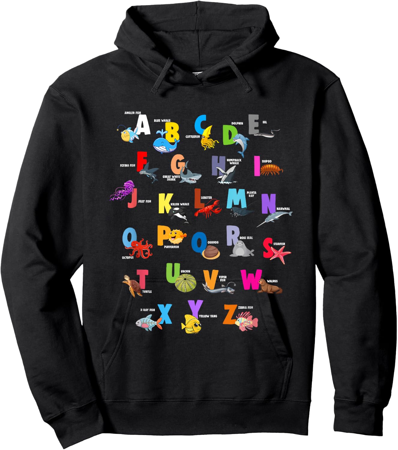 Ocean Animals Alphabet Letter ABCs Fish Dolphin Letters Hoodie - Hoodie | Black