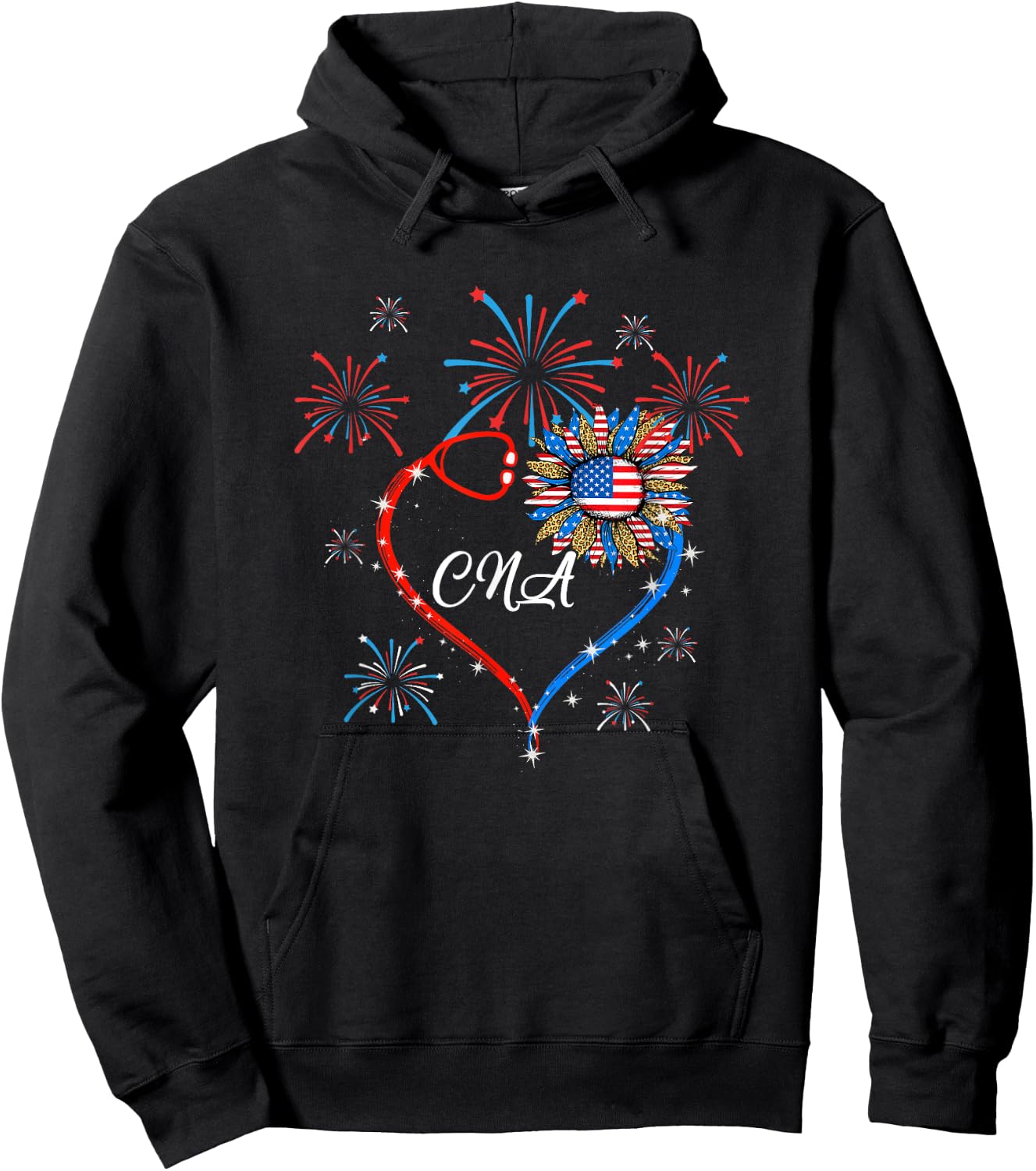 Patriotic Cna Nurse 4Th Of July American Flag Sunflower Love Hoodie - Hoodie | Black