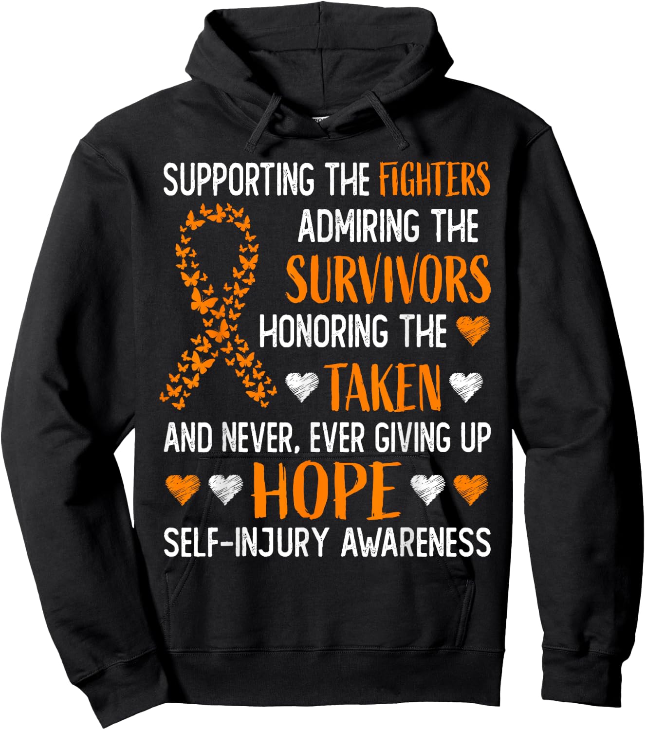 Self-Injury Awareness Gifts Orange Ribbon Survivor Fighter Hoodie - Hoodie | Black