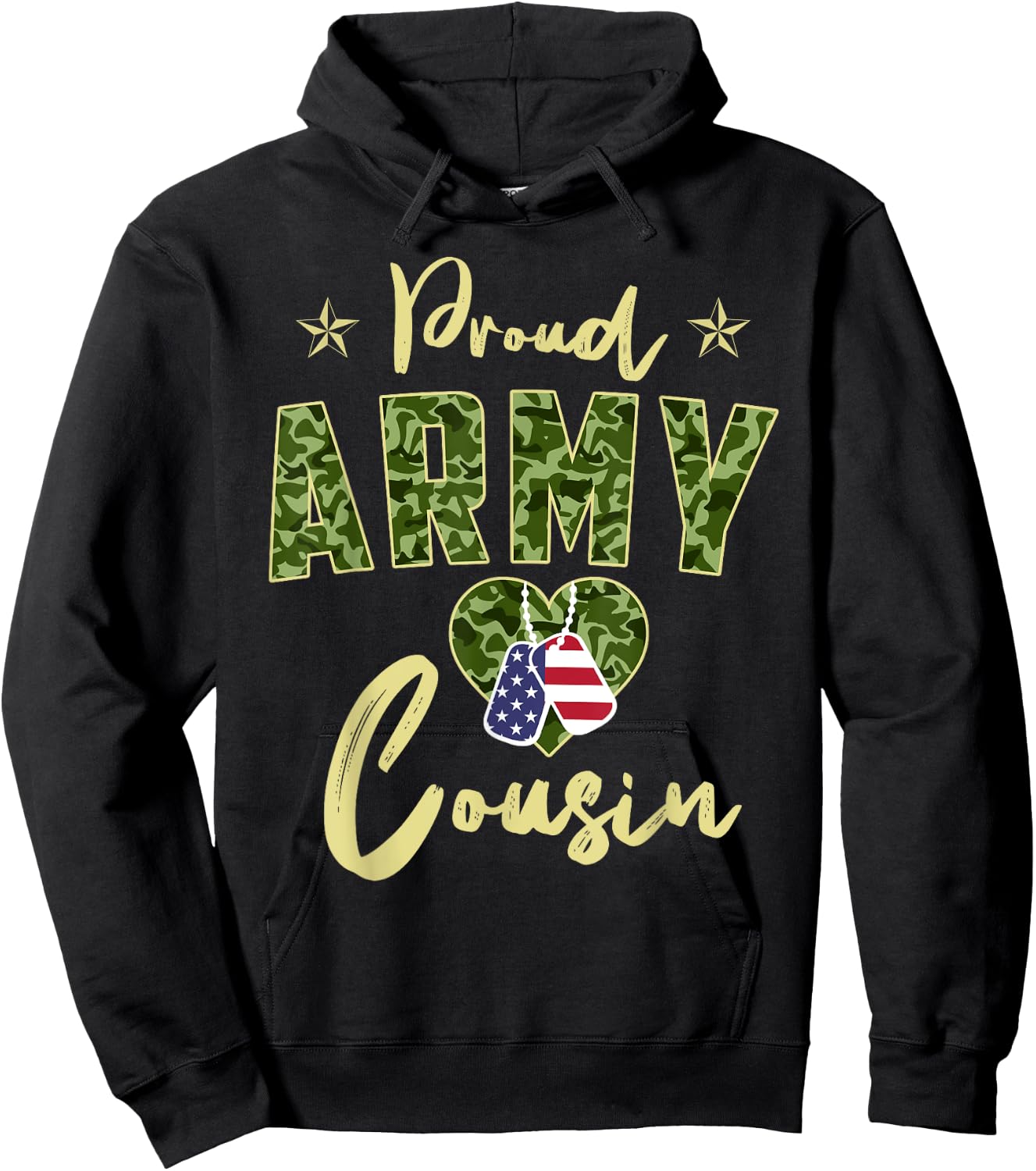 Proud Army Cousin Camou Dog Tag USA American Flag Family Women Kids Men Hoodie - Hoodie | Black