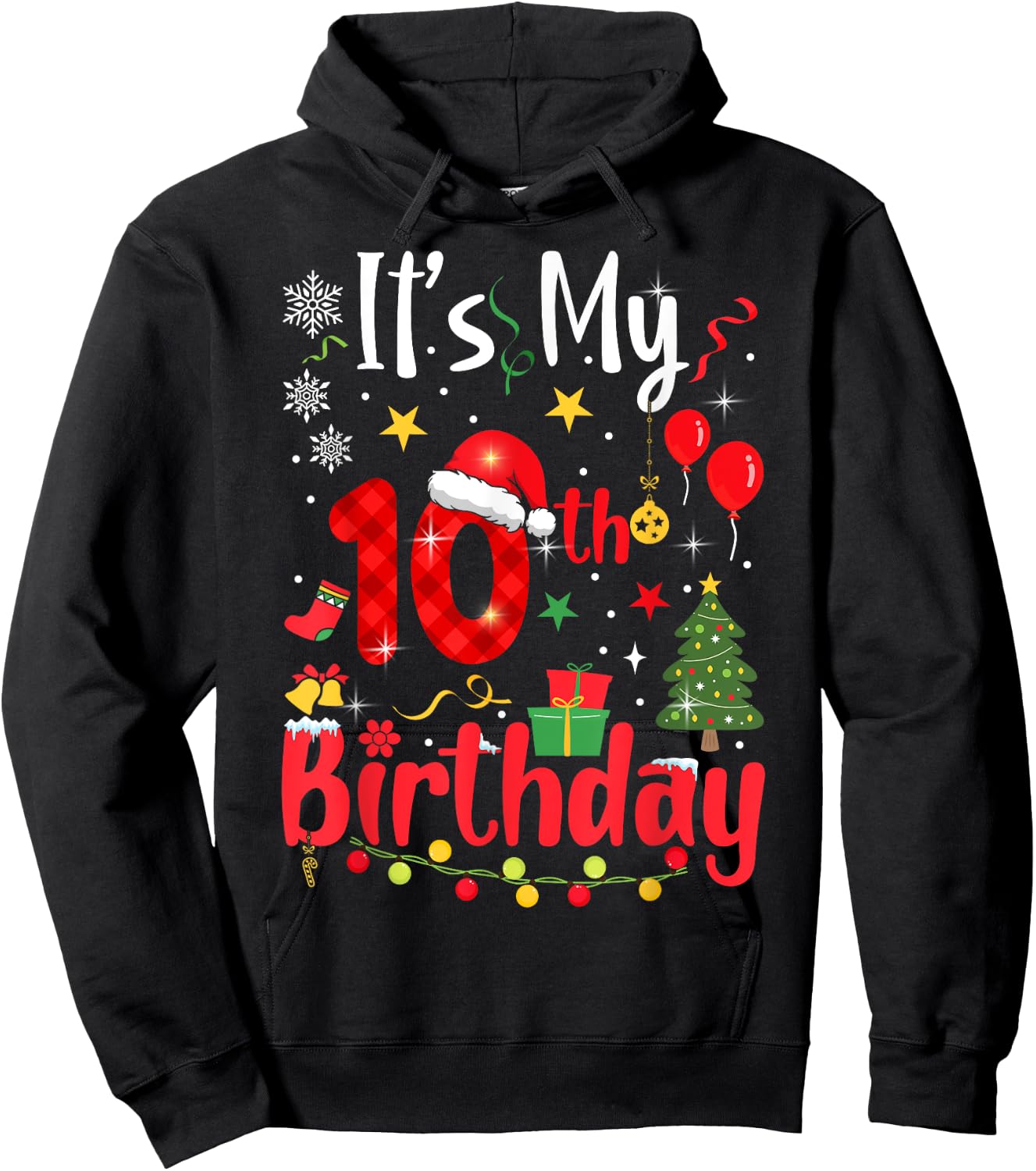 10 Years Old Christmas Bday Party 10th Birthday Kids Hoodie - Hoodie | Black