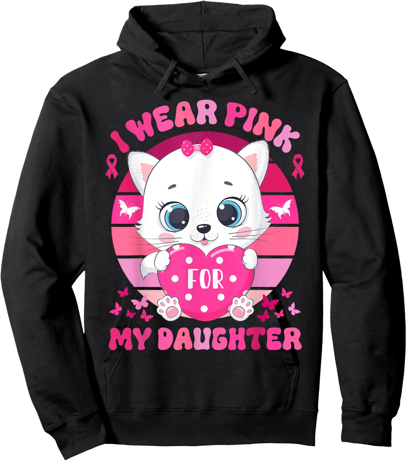 I Wear Pink For My Daughter Breast Cancer Awareness Cat Hoodie - Hoodie | Black