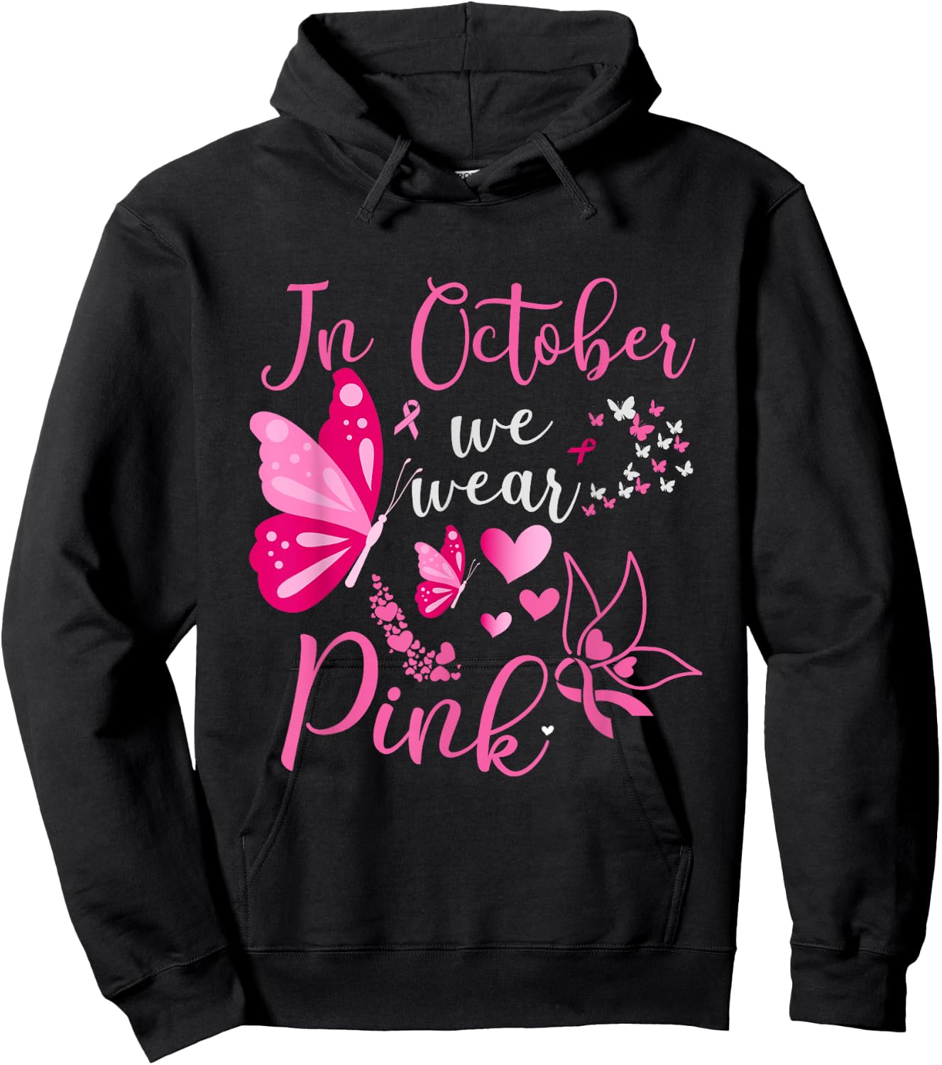 In October We Wear Pink Butterfly Breast Cancer Awareness Hoodie - Hoodie | Black