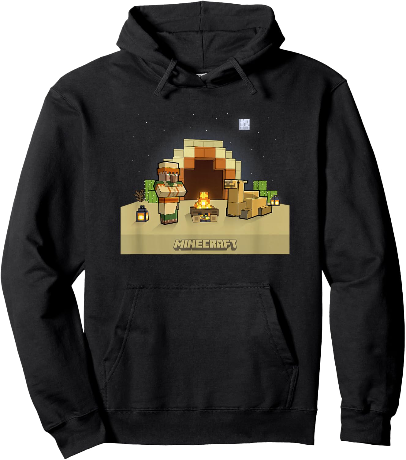 Minecraft Vanilla Villager & Camel Desert Fireplace At Night Hoodie - Hoodie | Black