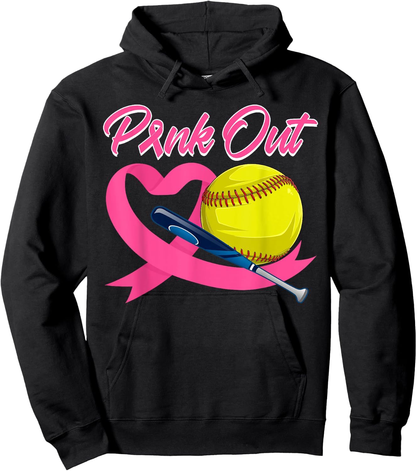 Pink Out Pink Ribbon Heart With Softball Ball Breast Cancer Hoodie - Hoodie | Black
