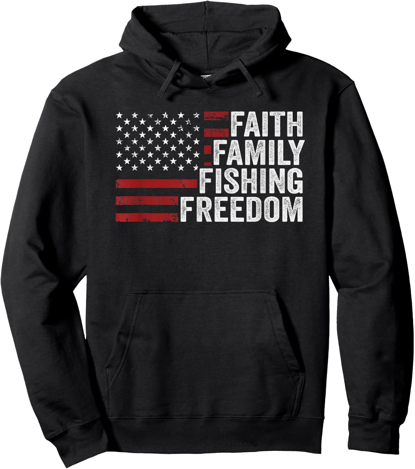 Faith Family Fishing Freedom - USA Flag Funny Bass Fisherman Hoodie - Hoodie | Black