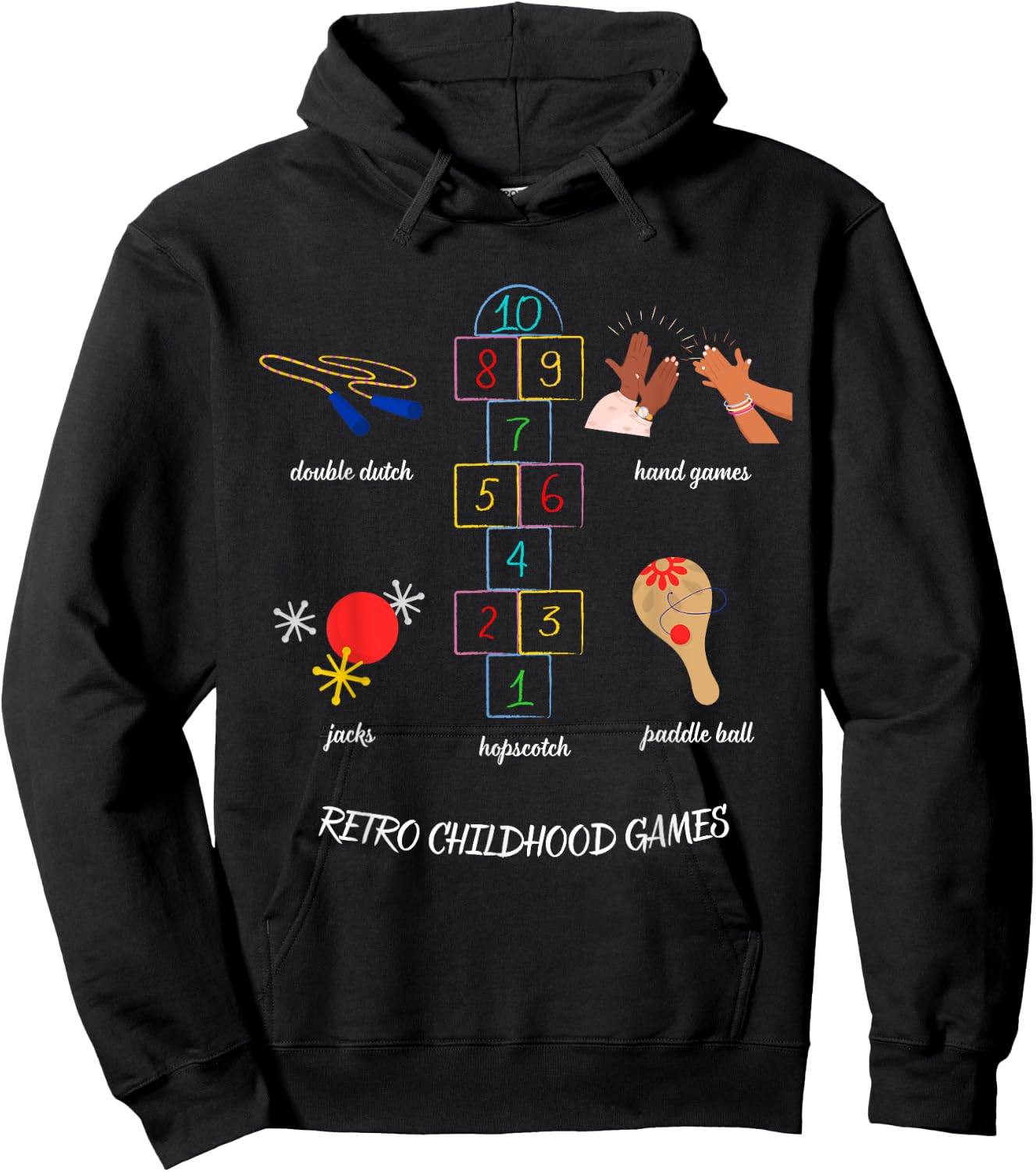 Vintage Childhood Outdoor Games Double Dutch Hopscotch Jacks Hoodie - Hoodie | Black