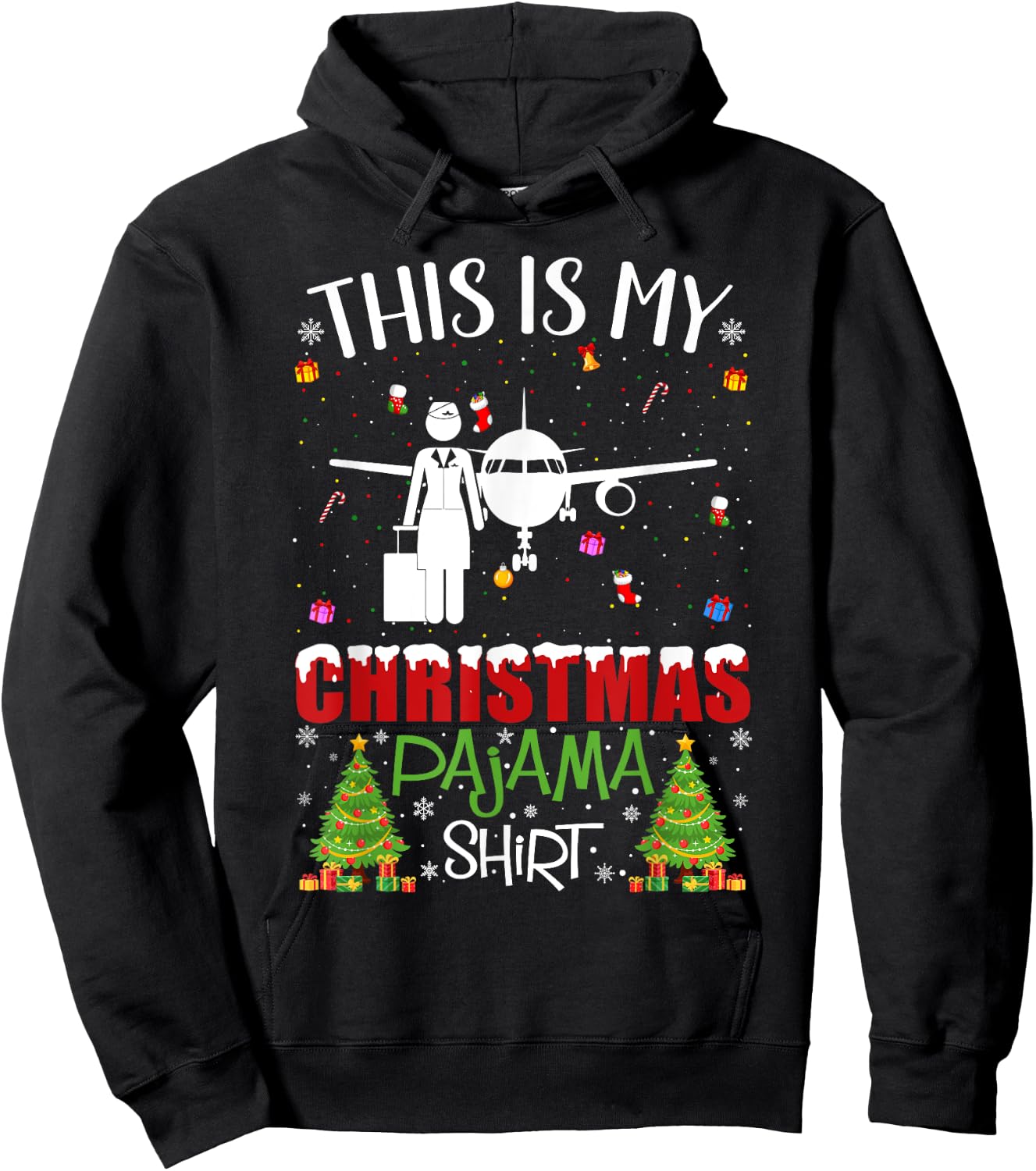 This is My Christmas Pajama Flight Attendant Ugly Sweater Hoodie - Hoodie | Black