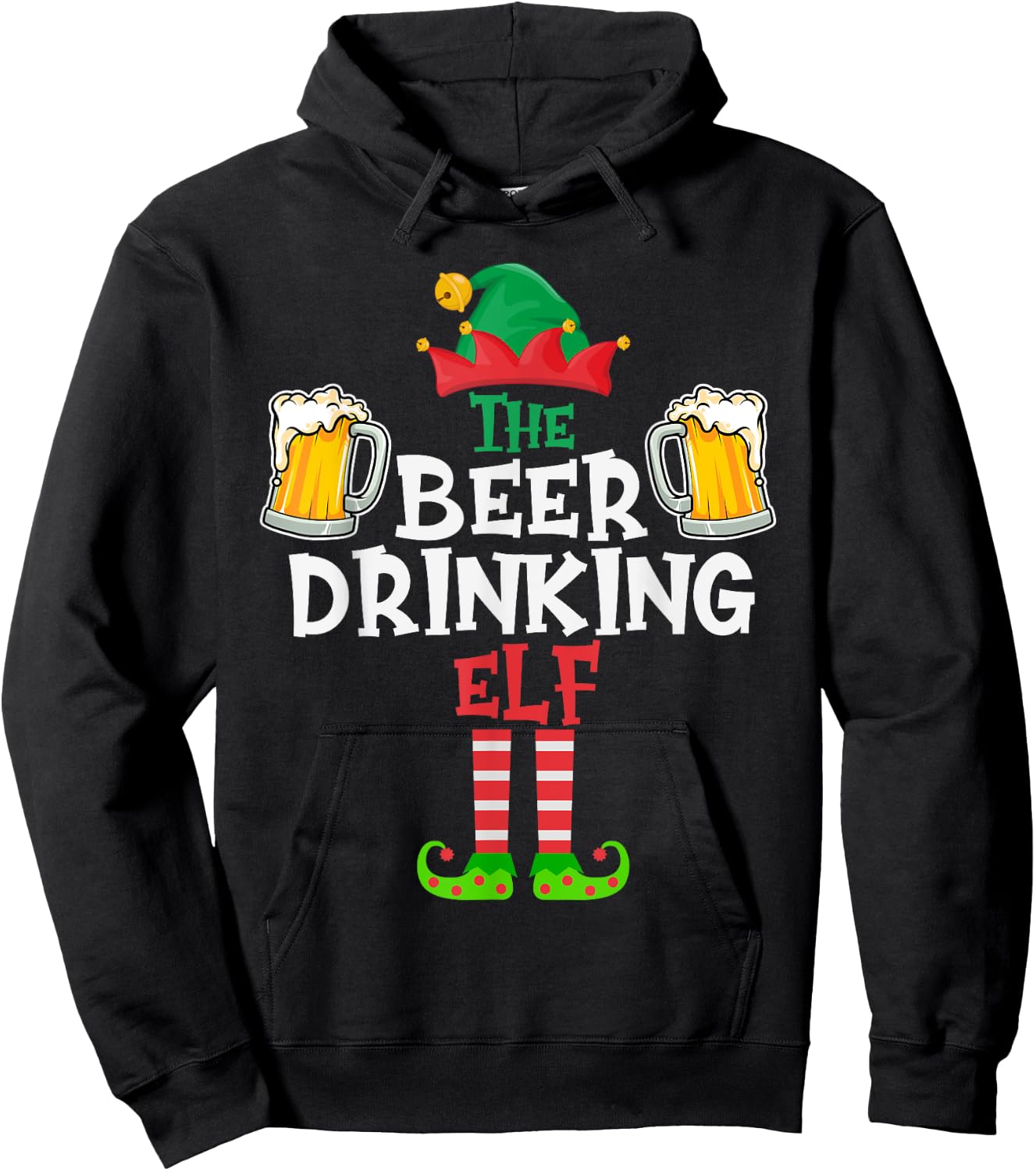 The Beer Drinking Elf, Funny Matching Family Group Christmas Hoodie - Hoodie | Black