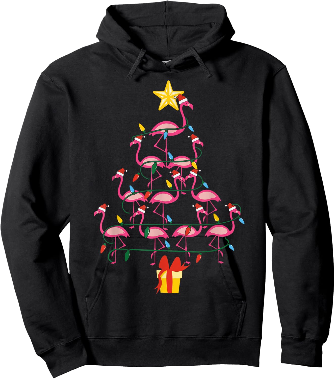 Merry Christmas Hat Santa Flamingo Light Snow Xmas Pajamas Hoodie - Hoodie | Black