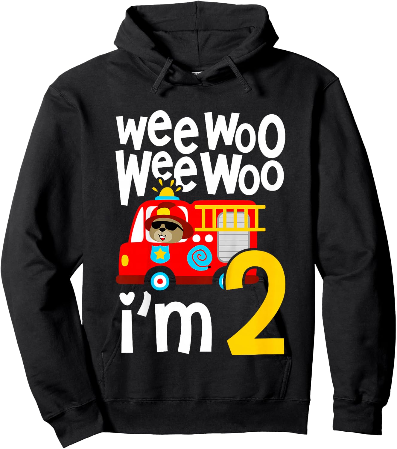 Kids Boys Birthday Wee Woo Wee Woo I'm 2 Red Fire Truck Hoodie - Hoodie | Black