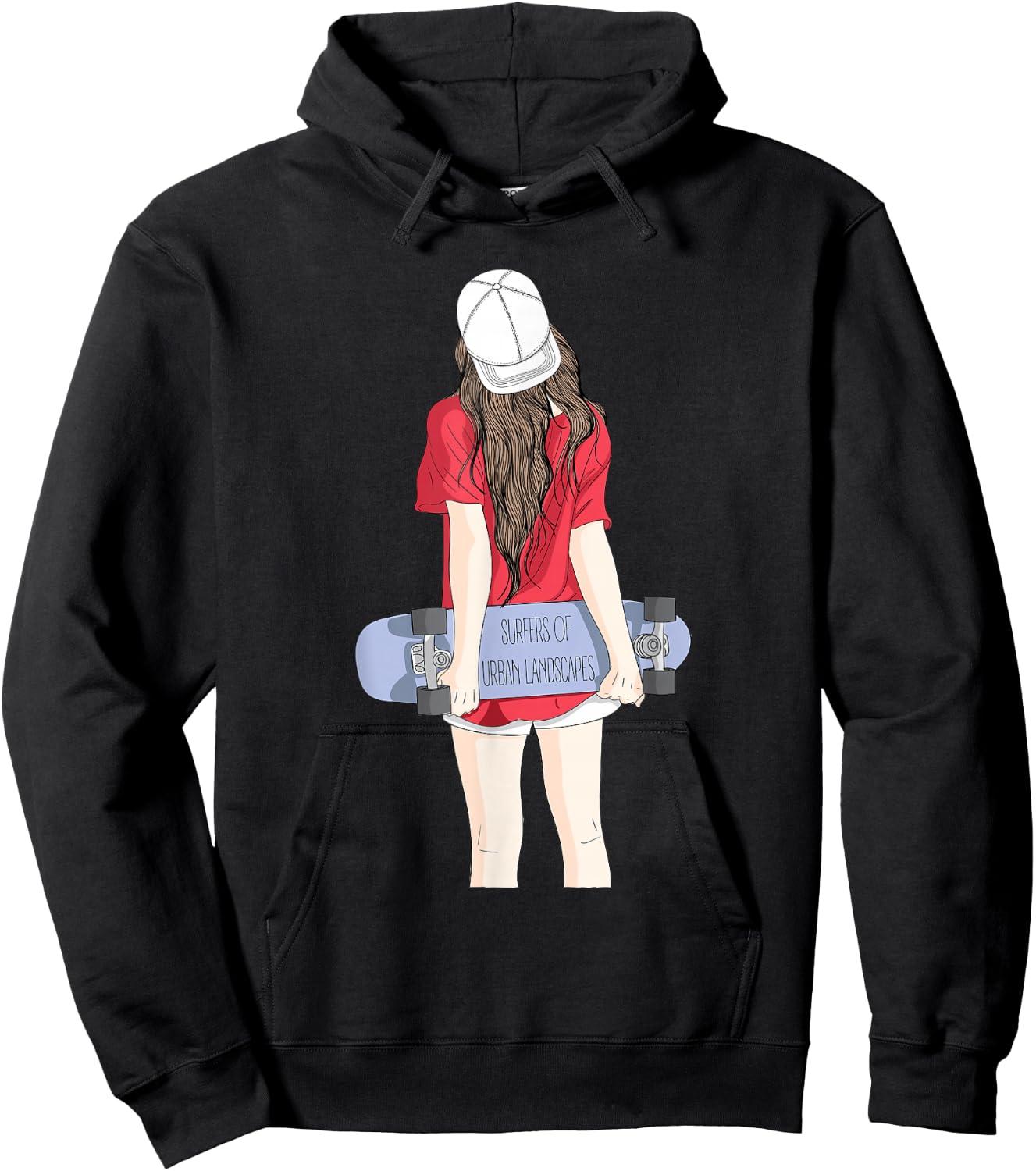 Cool Skateboarding Girl in a Baseball Cap with a Skateboard Hoodie - Hoodie | Black