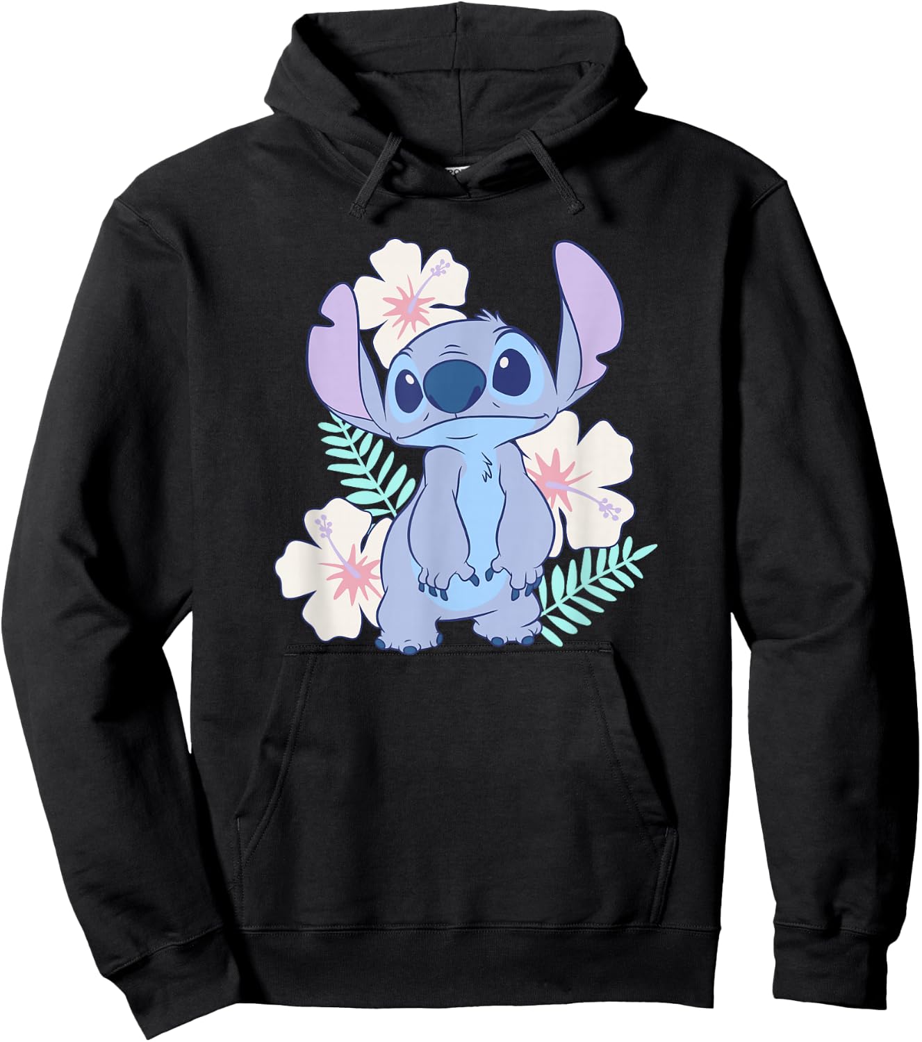 Disney Lilo & Stitch Cute Face Hawaiian Flowers Portrait Hoodie - Hoodie | Black