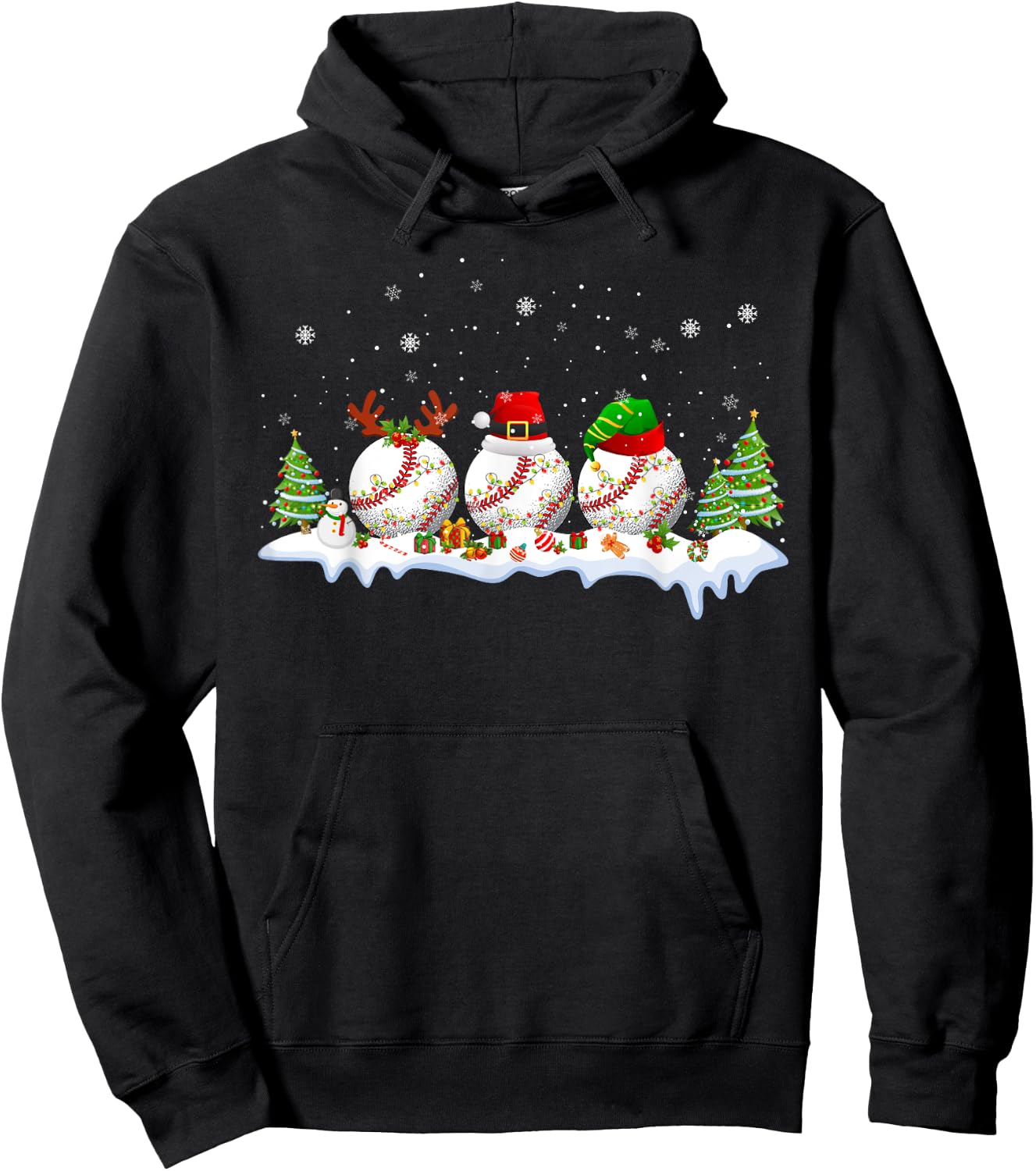 Santa Elf Reindeer Baseball Balls Xmas Tree Lights Christmas Hoodie - Hoodie | Black