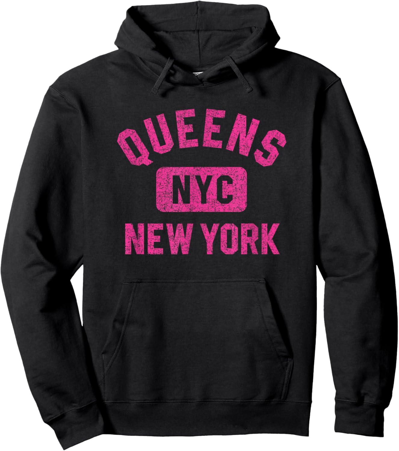 Queens NYC New York Gym Style Distressed Magenta Print Hoodie - Hoodie | Black