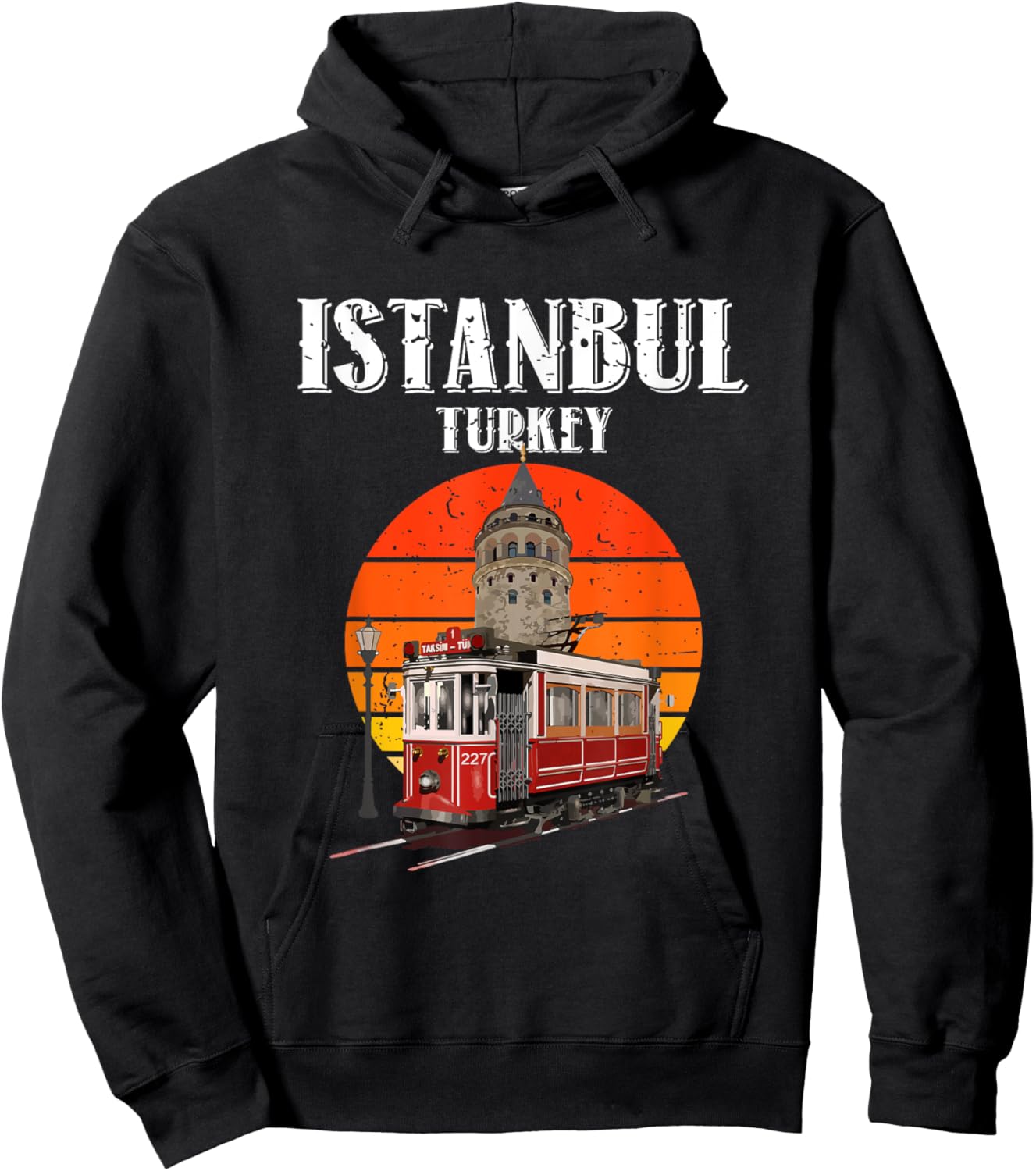Vintage Sunset Istanbul Turkey Retro Tram And Galata Tower Hoodie - Hoodie | Black