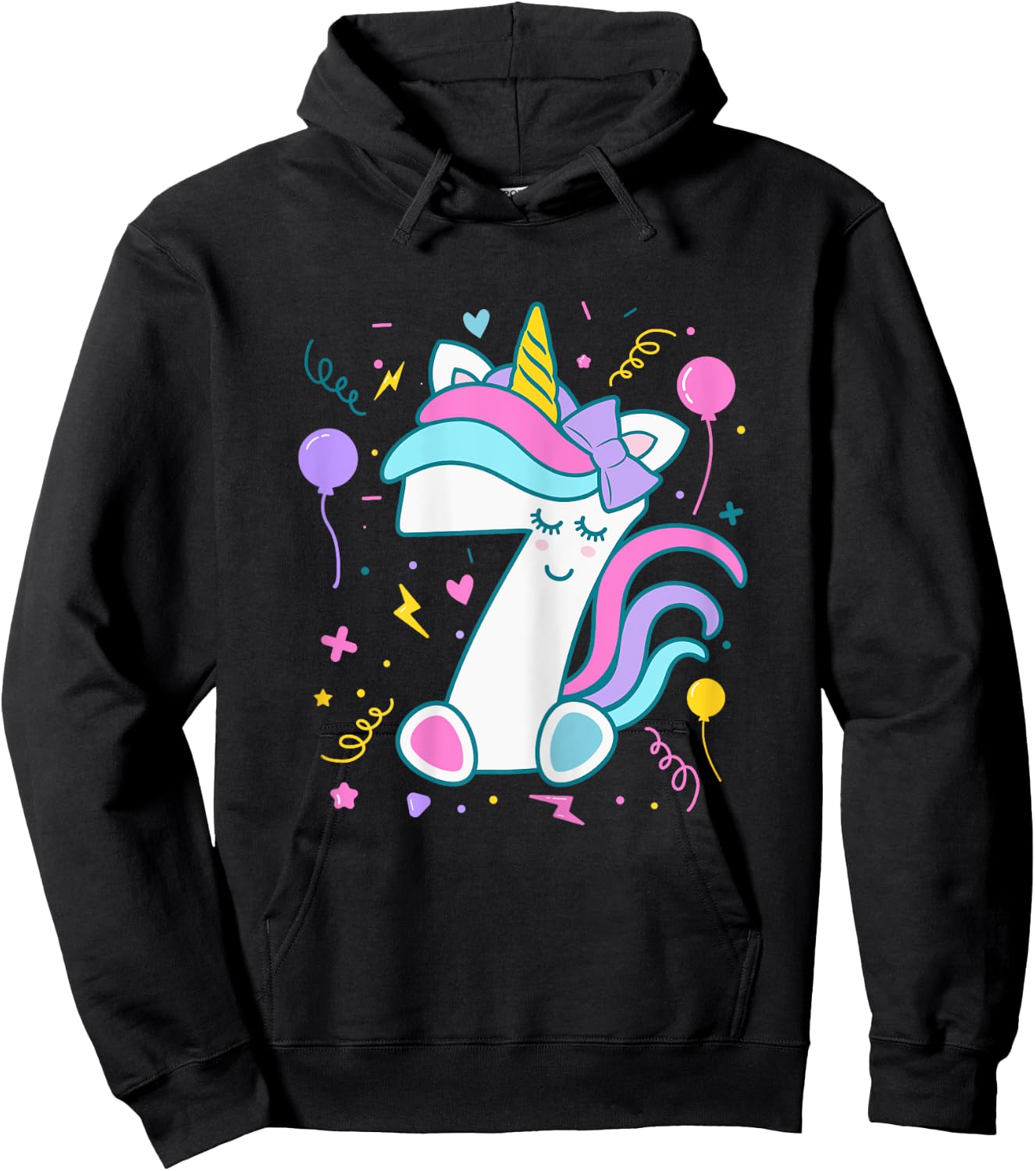 Unicorn 7th Birthday Number 7 Year Old Girl Birthday Hoodie - Hoodie | Black