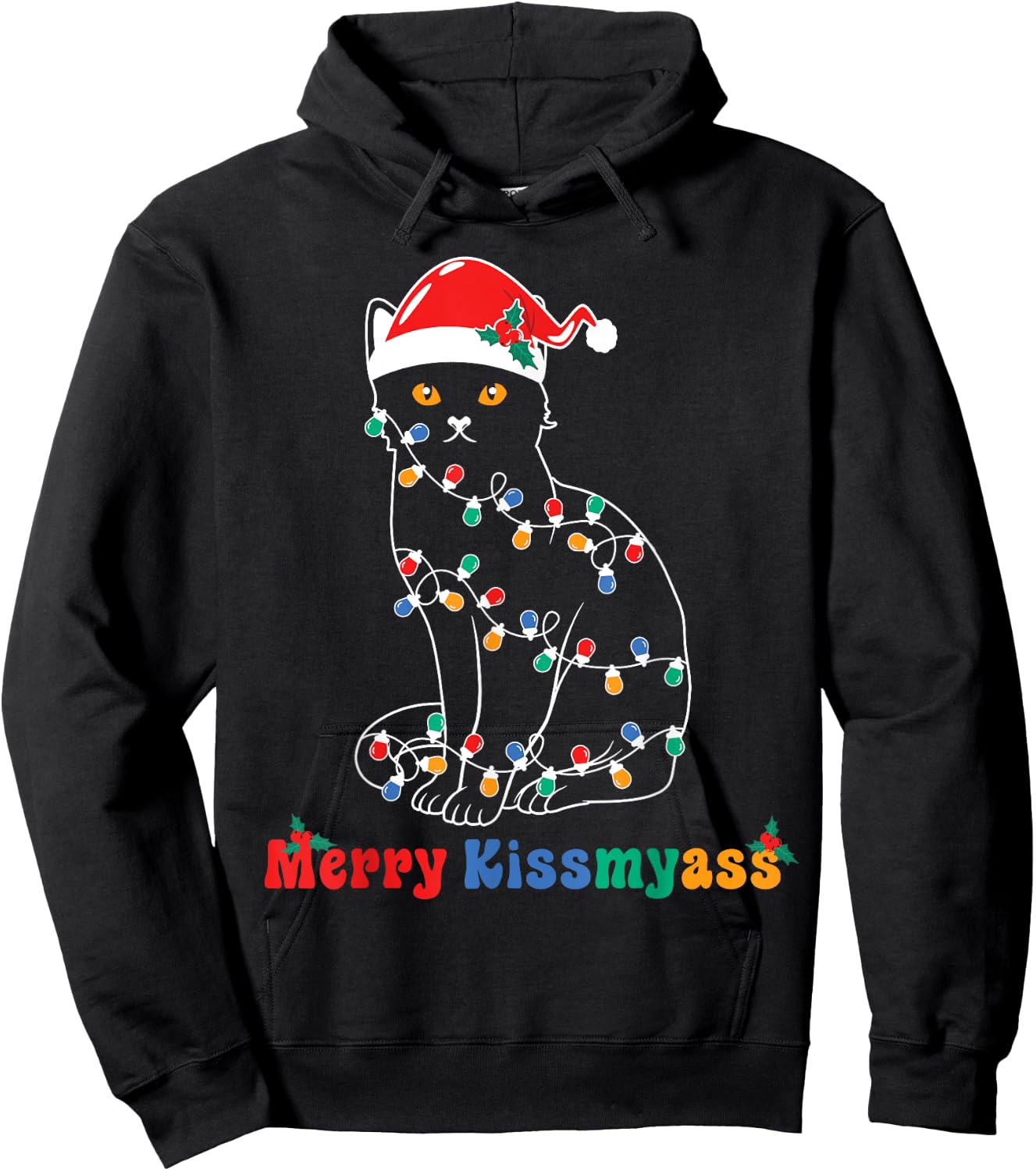 Merry Christmas Cat Christmas Lights Merry Christmas Cat Hoodie - Hoodie | Black