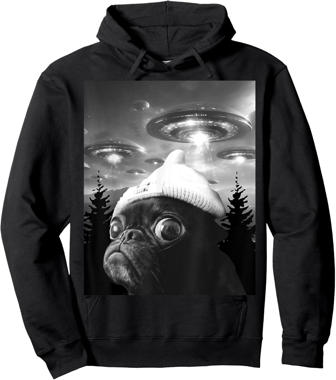 Cute Scared Pug Funny Dog Selfie With UFO Hoodie - Hoodie | Black