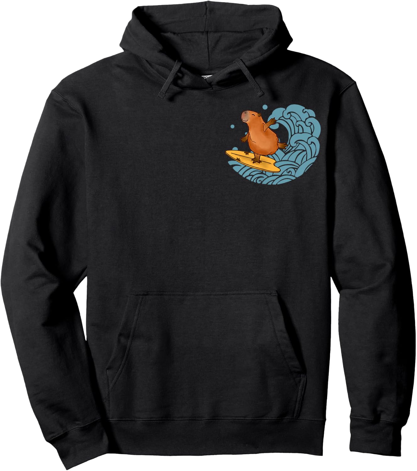 Vintage Cute Capybara Surfing The Great Wave Kanagawa Pocket Hoodie - Hoodie | Black