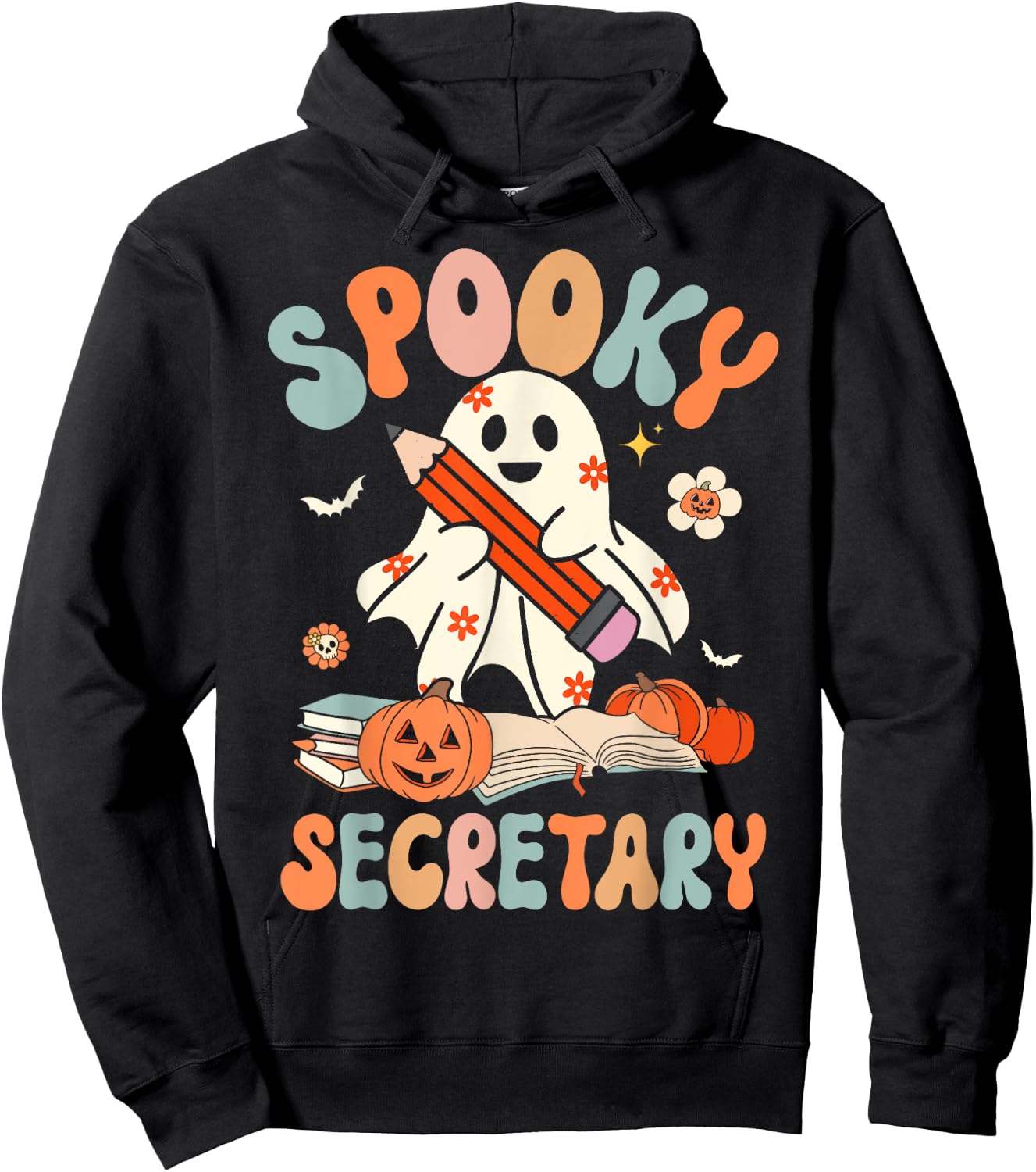 Spooky School Secretary Groovy Halloween Floral Ghost Hoodie - Hoodie | Black