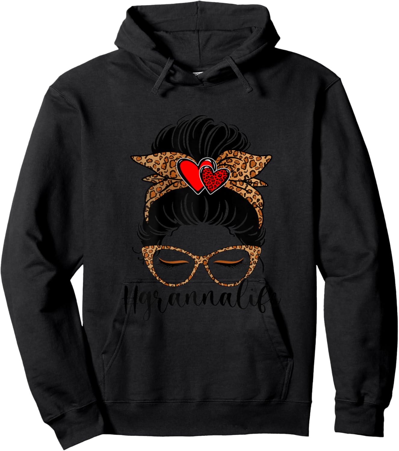 Granna Life Messy Hair Bun Leopard Print Women Mother's Day Hoodie - Hoodie | Black