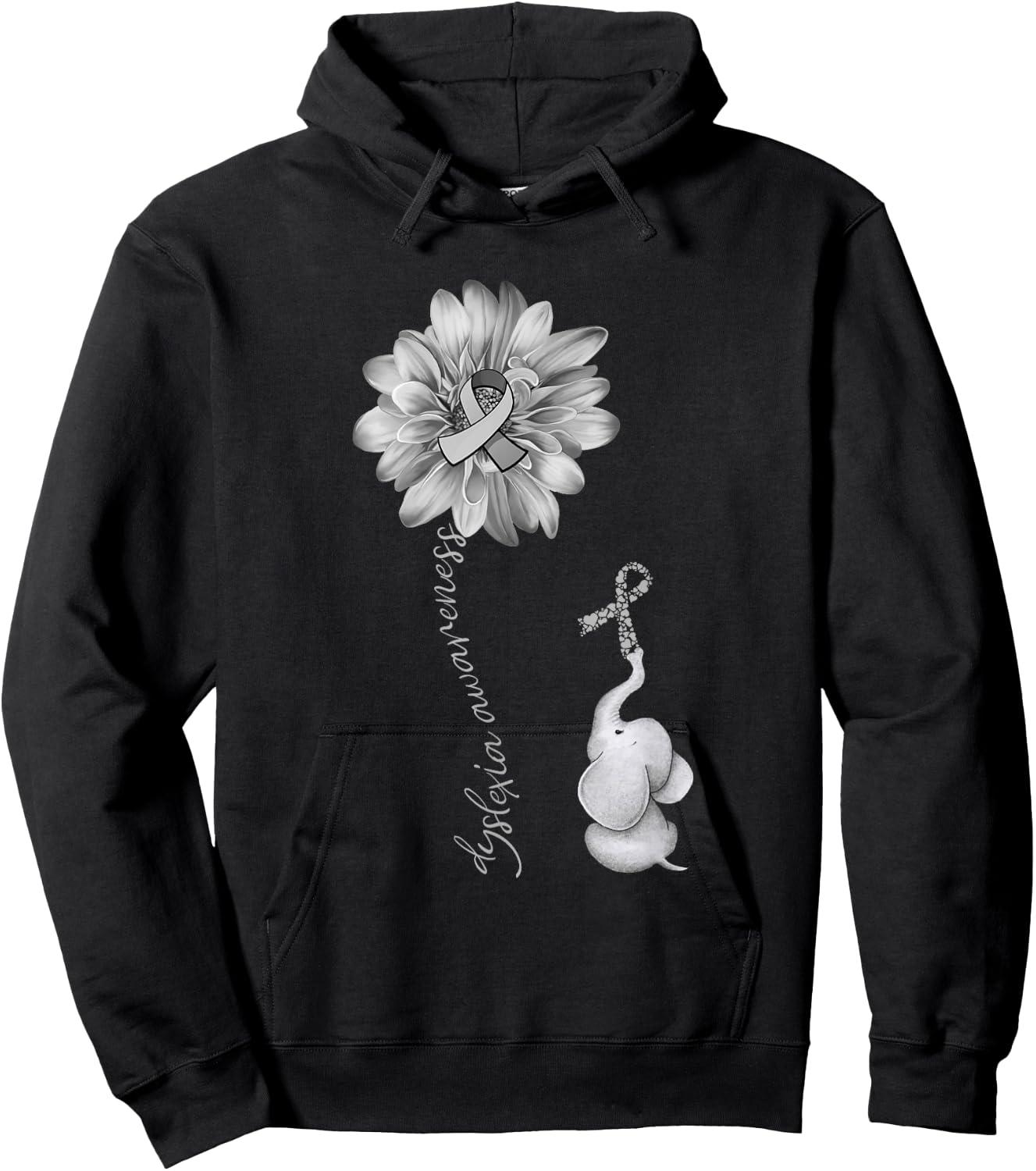 Elephant Sunflower Gray Ribbon Dyslexia Awareness Hoodie - Hoodie | Black