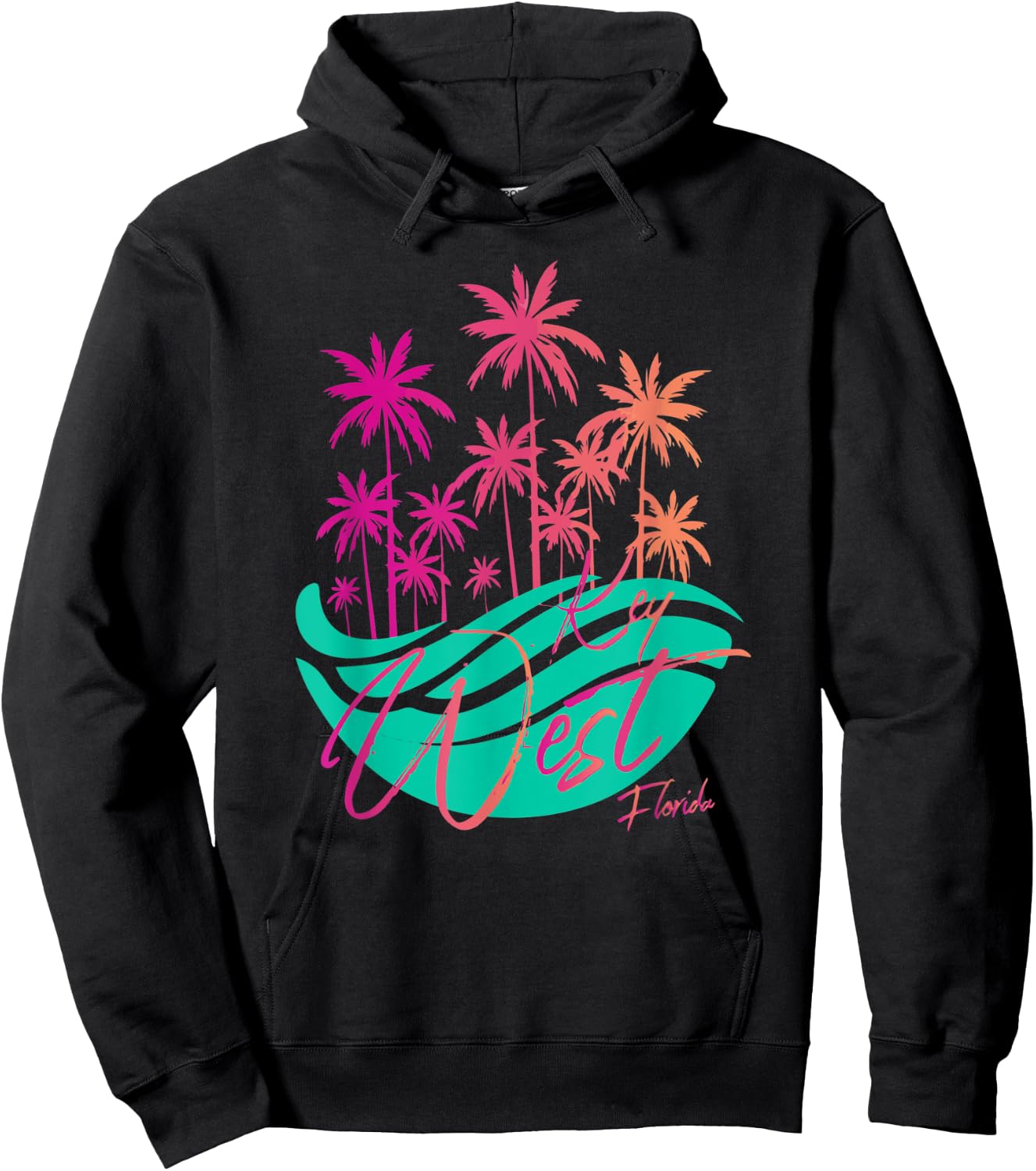 Retro Key West Florida Colorful Palm Trees And Ocean Waves Hoodie - Hoodie | Black