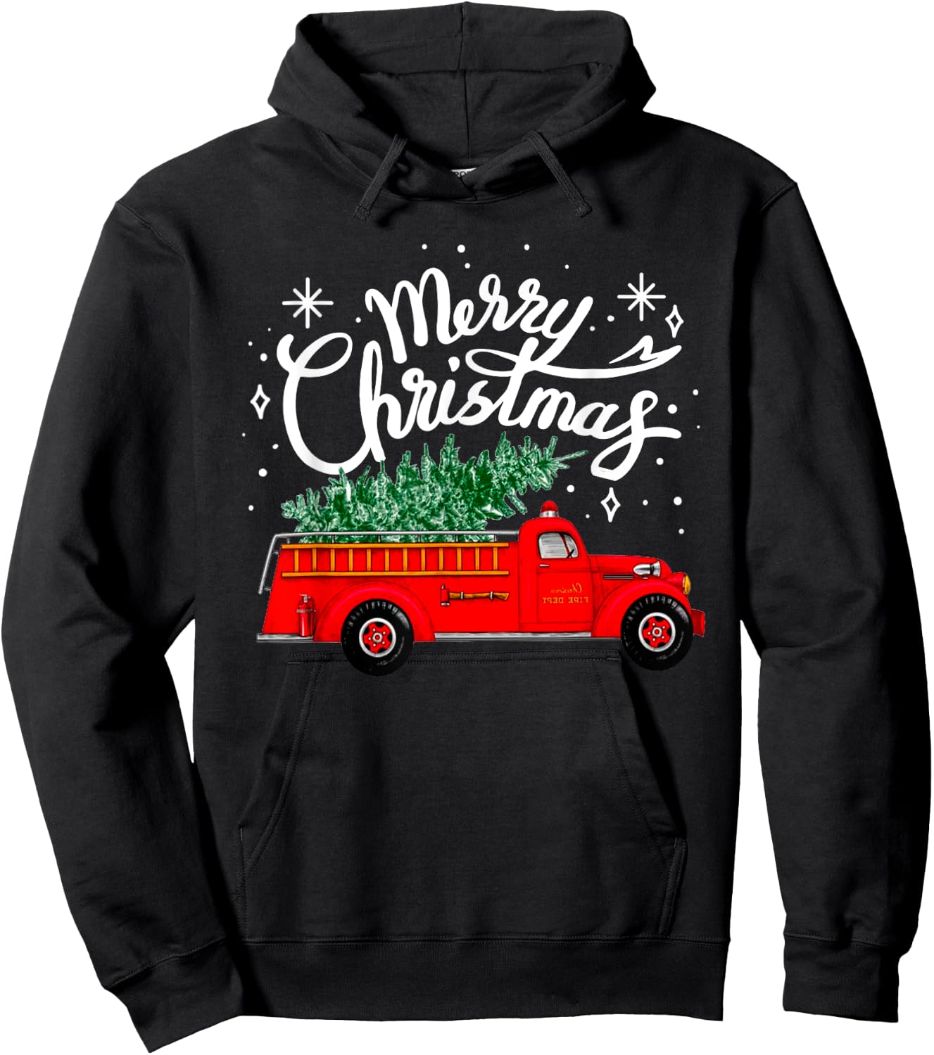 Funny Merry Christmas Fire Truck Xmas Tree Firefighter 2024 Hoodie - Hoodie | Black