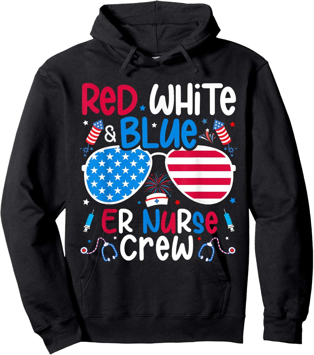 4th of July Red White Blue ER Nurse Crew Patriotic Nurse Hoodie - Hoodie | Black